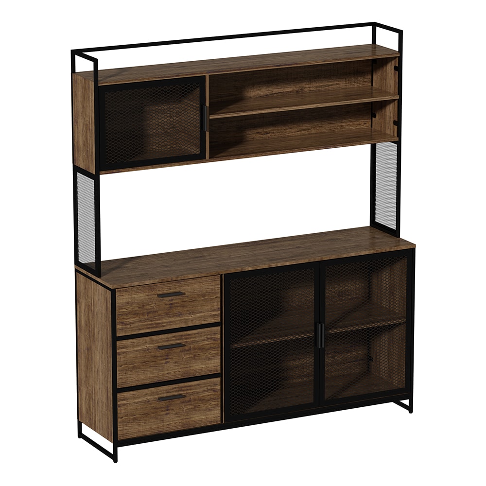  V-KF210150-01+02 Kitchen Hutch Storage Cabinet with Drawers and Iron Doors Kitchen Pantry Kitchen Buffet Cabinet with Metal Frame for Hallway Rustic