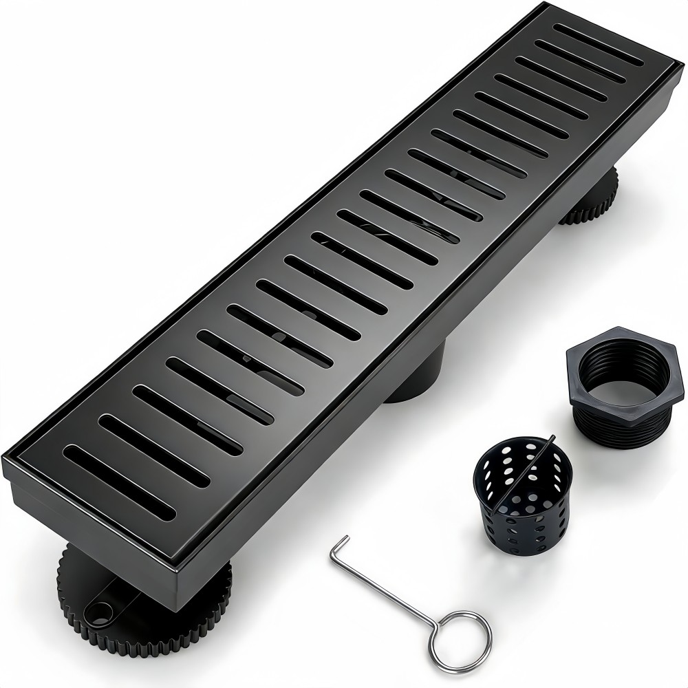 Numhew 12in 2-Leveling Feet Matte Black Linear Shower Drain