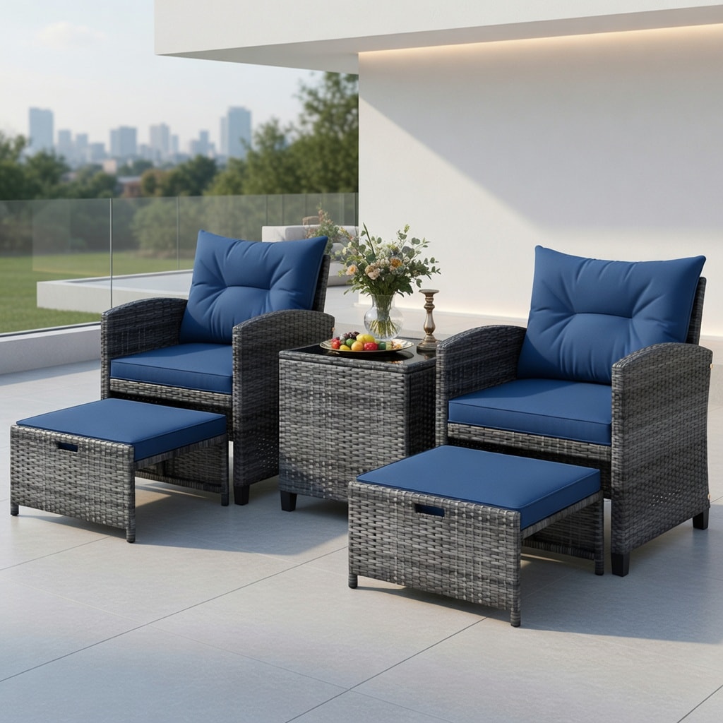 Choco Moon 5 Piece Outdoor PE Rattan Patio Furniture Set Two Ottomans Tempered Glass Coffee Table Navy Weather Resistant Plush Cushions All Weather Wicker Seating