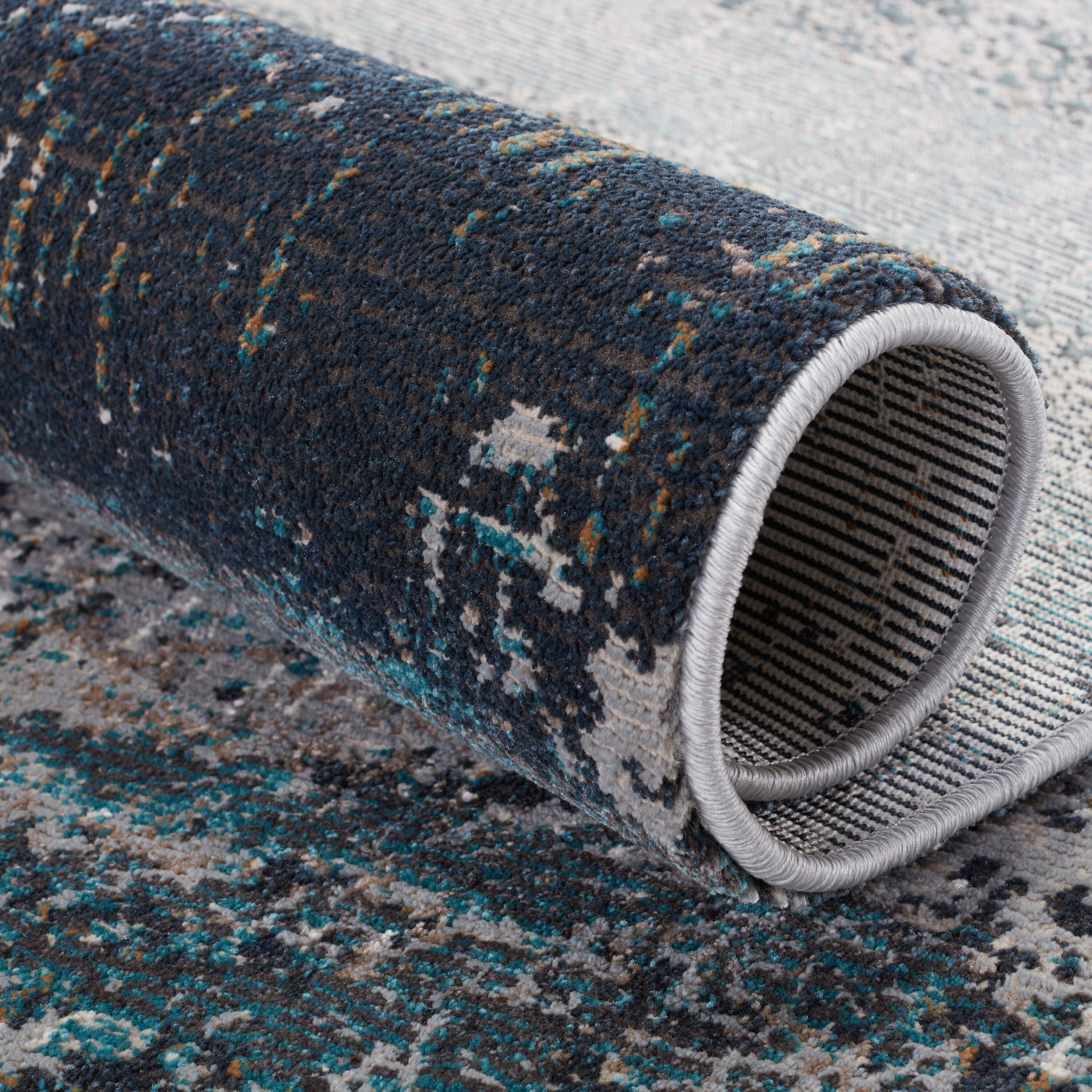 Myriad Aubra Abstract Fringe 3x12 Gray and Teal Area Rug