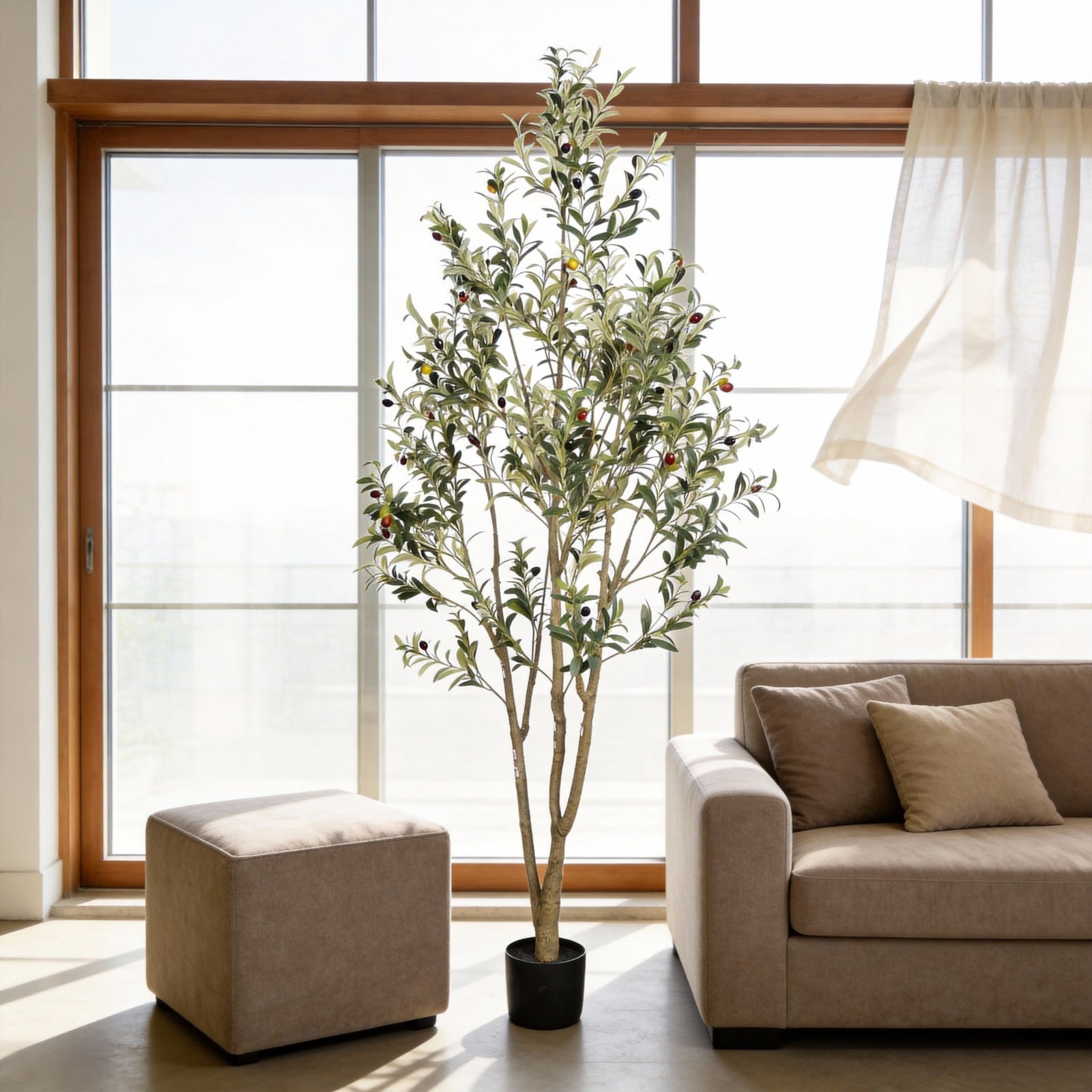 GlasFlength 7-Foot Artificial Olive Tree in Black Plastic Pot Lifelike Faux Greenery for Home Living Room Office Indoor Decoration