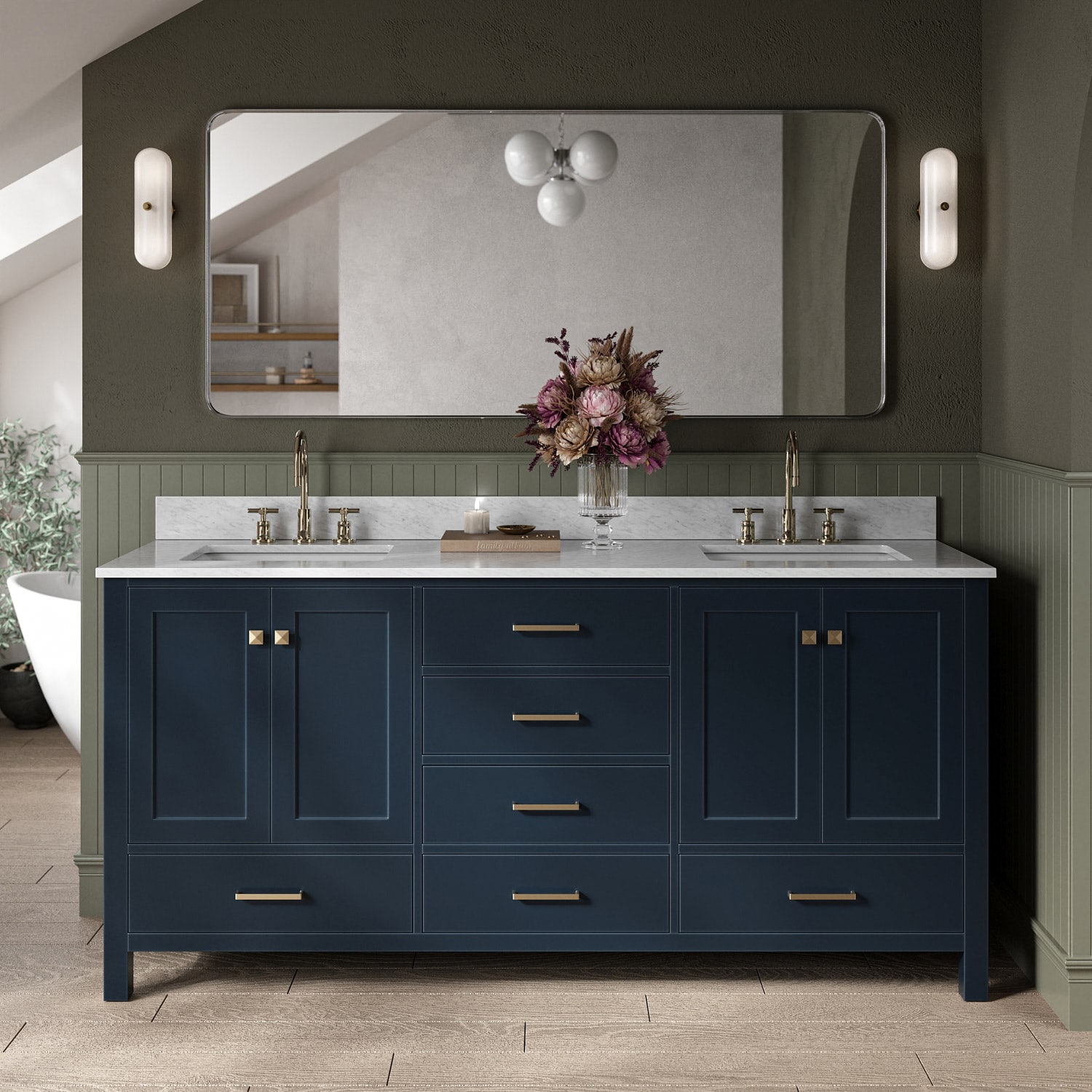 ARIEL A073DCW2RVOMNB Cambridge 73-in Midnight Blue Undermount Double sink Bathroom Vanity with 0.75" Carrara White Marble Natural marble Top