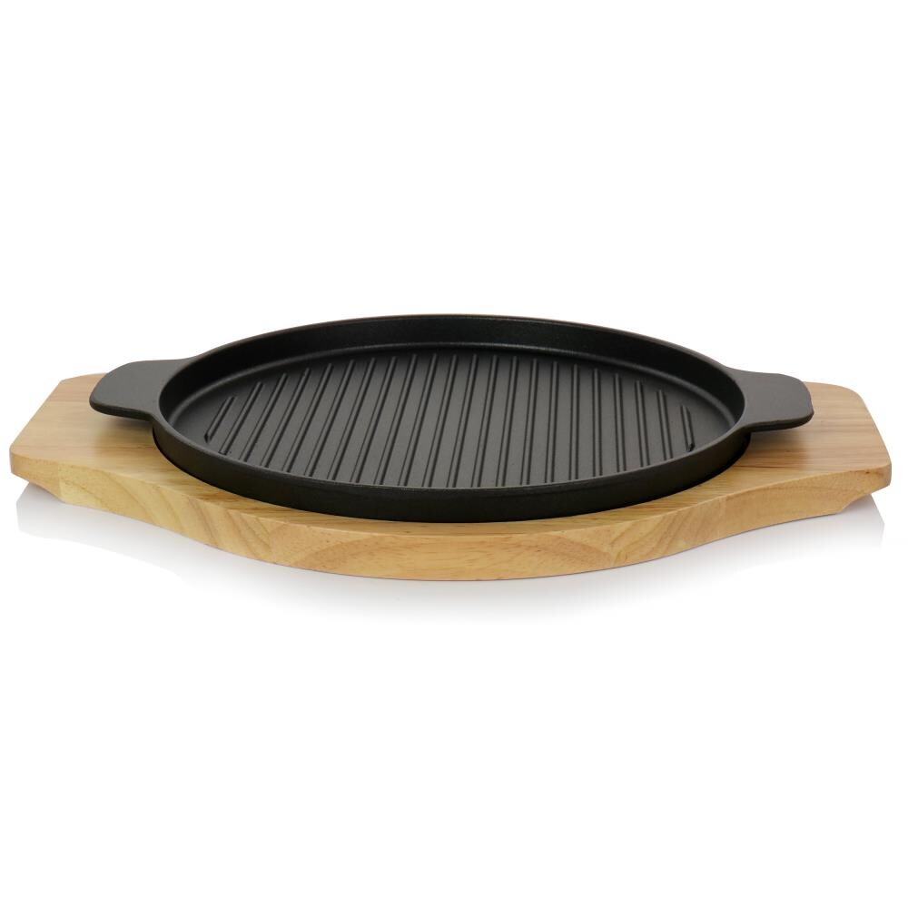  JINCAN 2 set Round cast iron steak plate, grill pan and wooden  base, kitchen cooking accessories are very suitable for pan grilling meat  and seafood (Size : 23cm): Home & Kitchen
