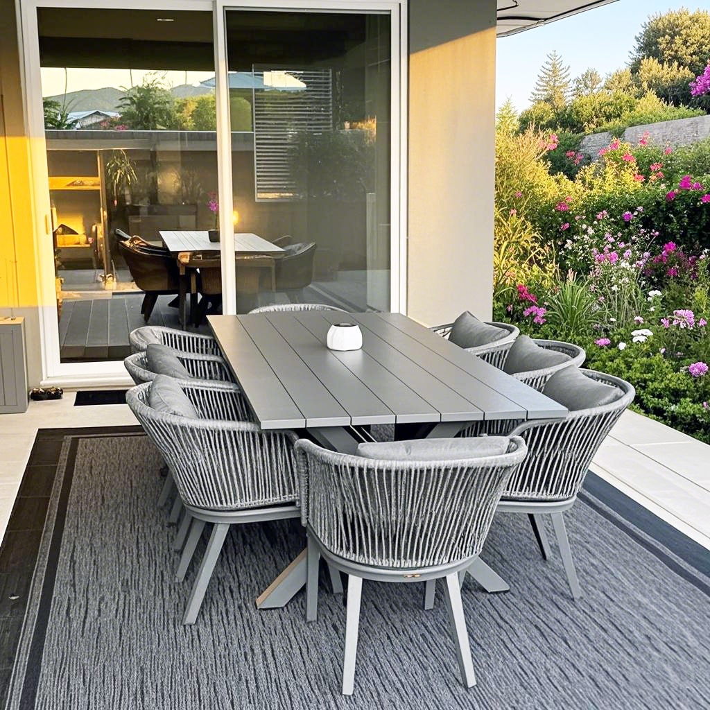 PURPLE LEAF LS04-DSH09-AW-205 9 -Piece 9 pieces-Rectangle Wicker Patio Dining Set Aluminum Rectangle Table with 8 Tan Cushions Stationary Chairs