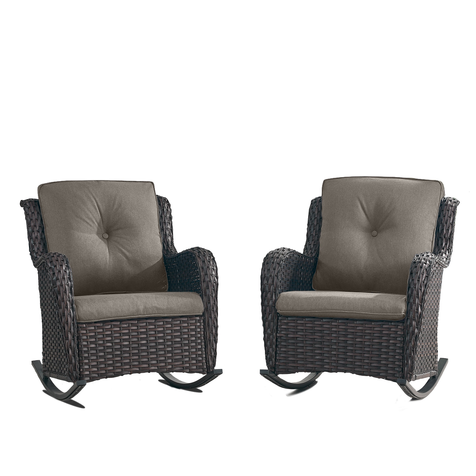 Rilyson FS101-3 Curved handrail Set of 2 Wicker Brown Wicker Frame Rocking Chair with Gray Gray Cushioned Seat