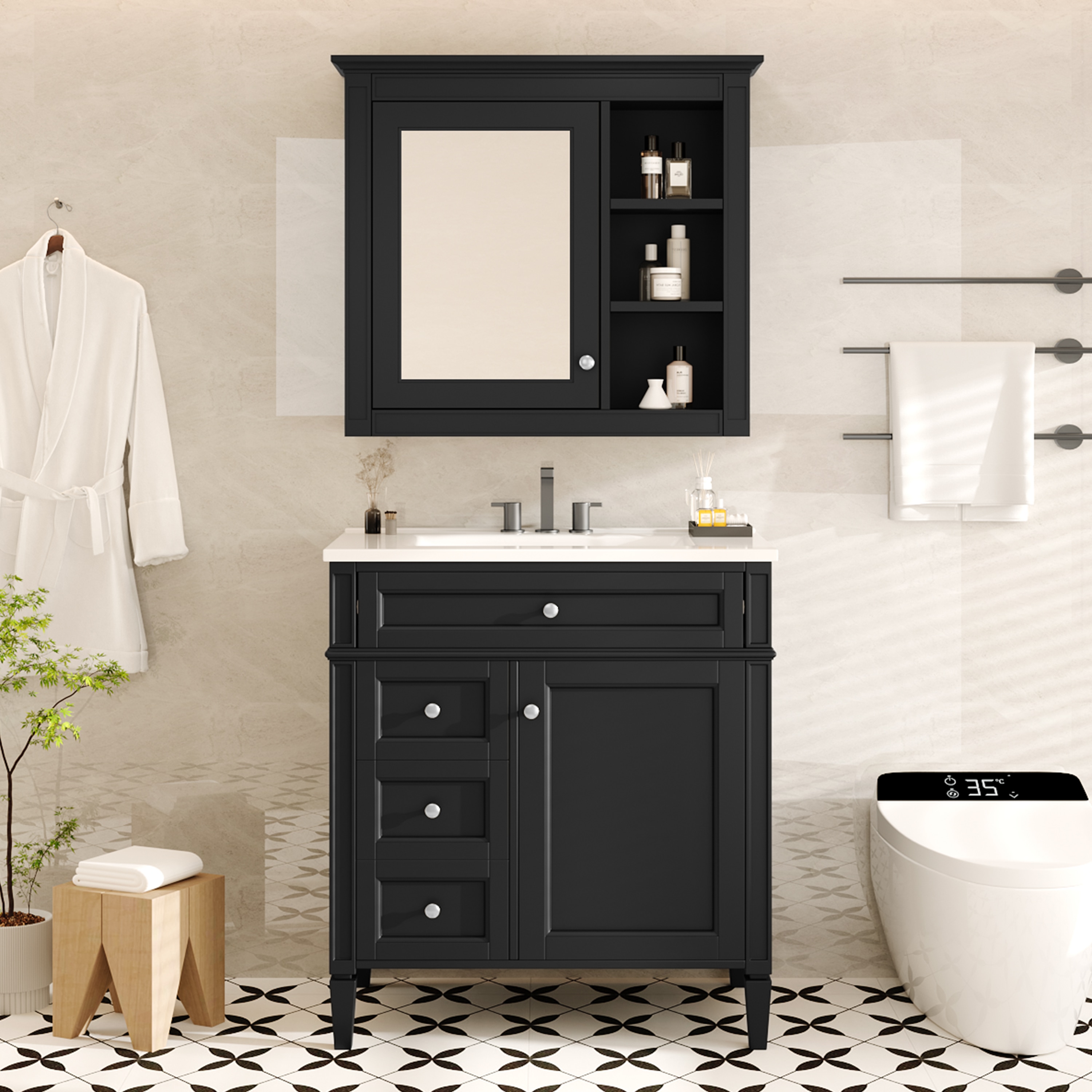 Tatayosi - 30 Inch Freestanding Bathroom Vanity Set with Mirror Cabinet Ceramic Sink and Soft-Clo...
