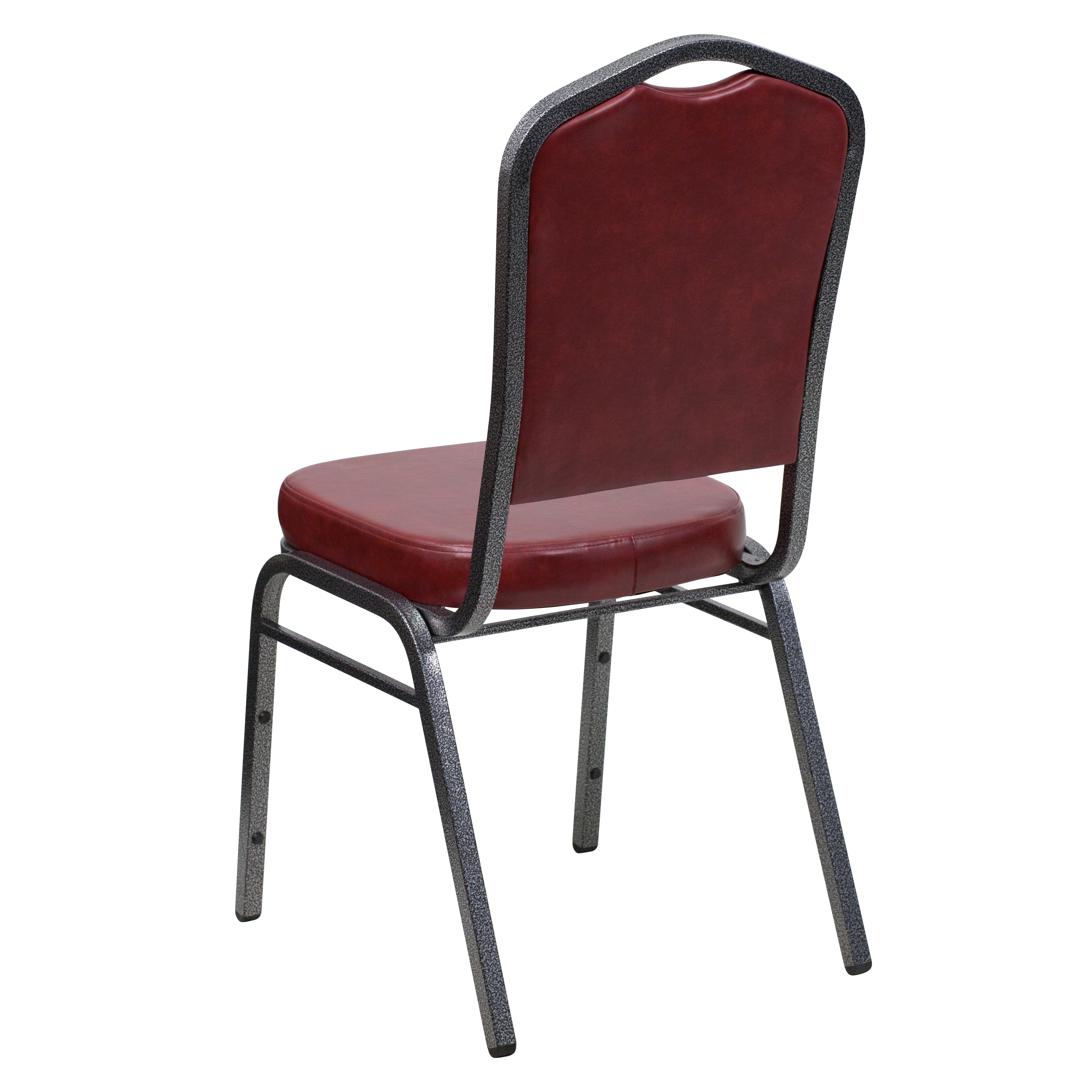 Elegant Burgundy Vinyl Stacking Chair with Silver Vein Metal Frame