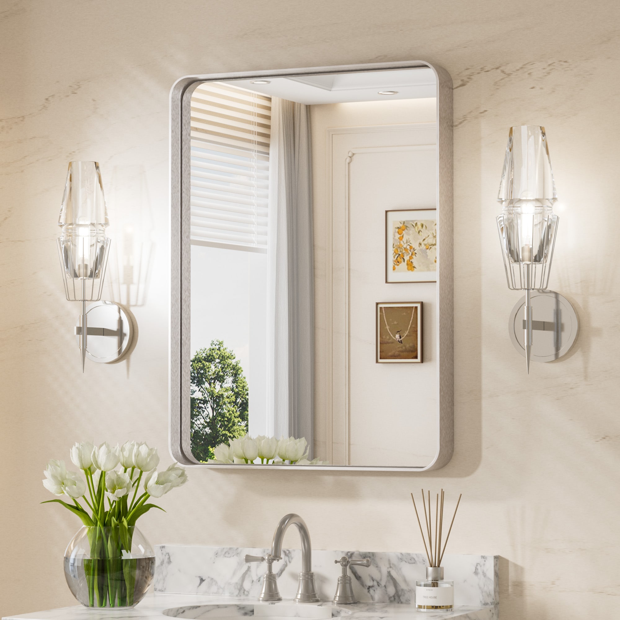 Keonjinn LW-JZ-JSKYJ-6081-BN Bathroom Mirrors 24-in W x 32-in H Rectangle Brushed Nickel Framed Wall Mirror