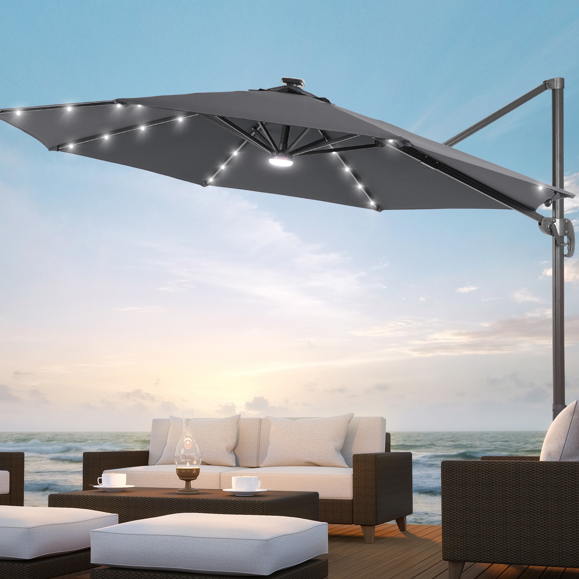 ACEGOSES LW-LED-330GY 10-ft Steel Gray No-tilt Cantilever Patio Umbrella with Lights