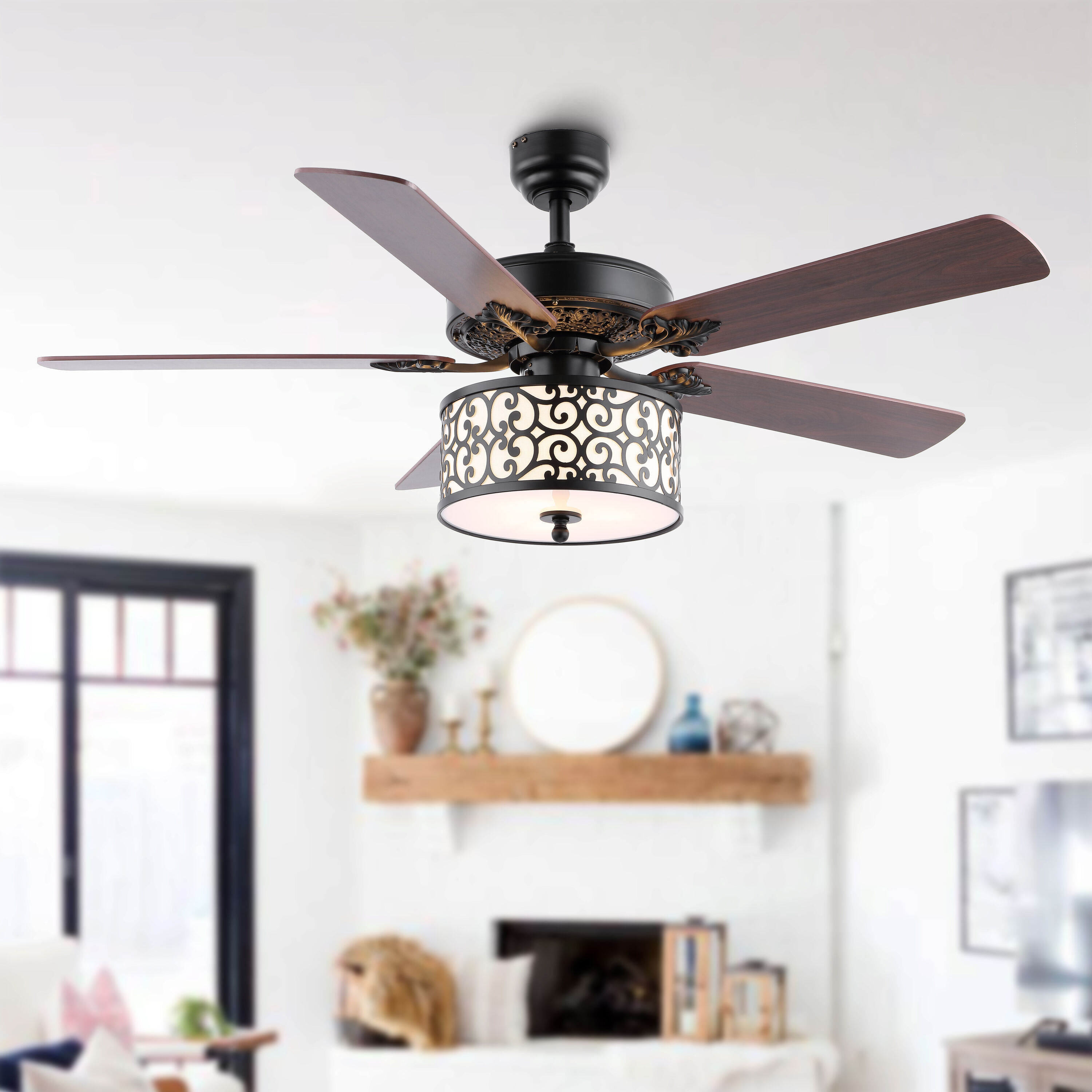 JONATHAN  Y JYL9612A Paolo Iron Scroll Drum Industrial 52-in Downrod or Flush Mount Black with Ashwood/Coffee Brown Blades Ceiling Fan With Light - Remote Included ( 5 -Blade )