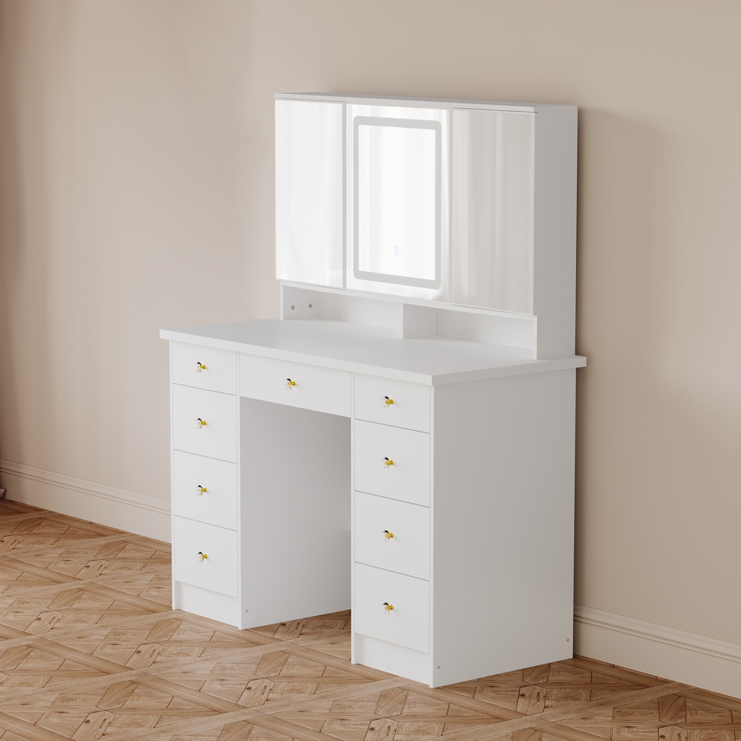 43.3W Makeup Vanity White Vanity Desk with Hidden Storage Shelves