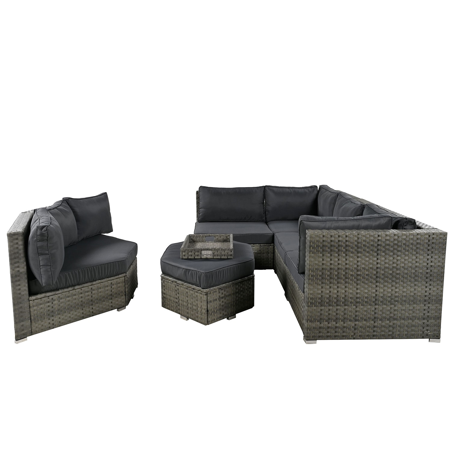 Bybafun Rattan Outdoor Sectional With Gray Cushions And Rattan Frame In ...