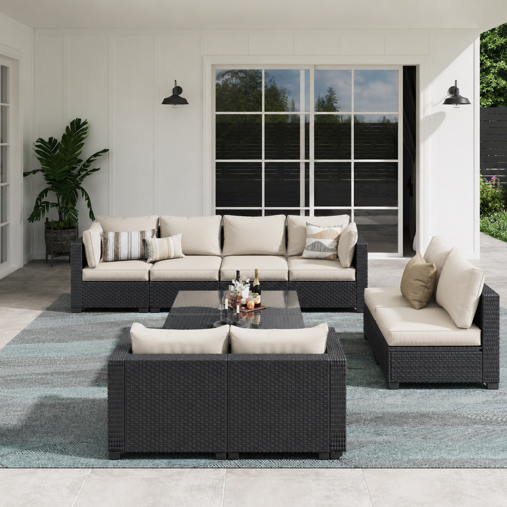 HYALON 10-Piece Wicker Rattan Outdoor Patio Conversation Sofa Seating Set with Coffee Tables and Beige Cushions and Sofa Cover