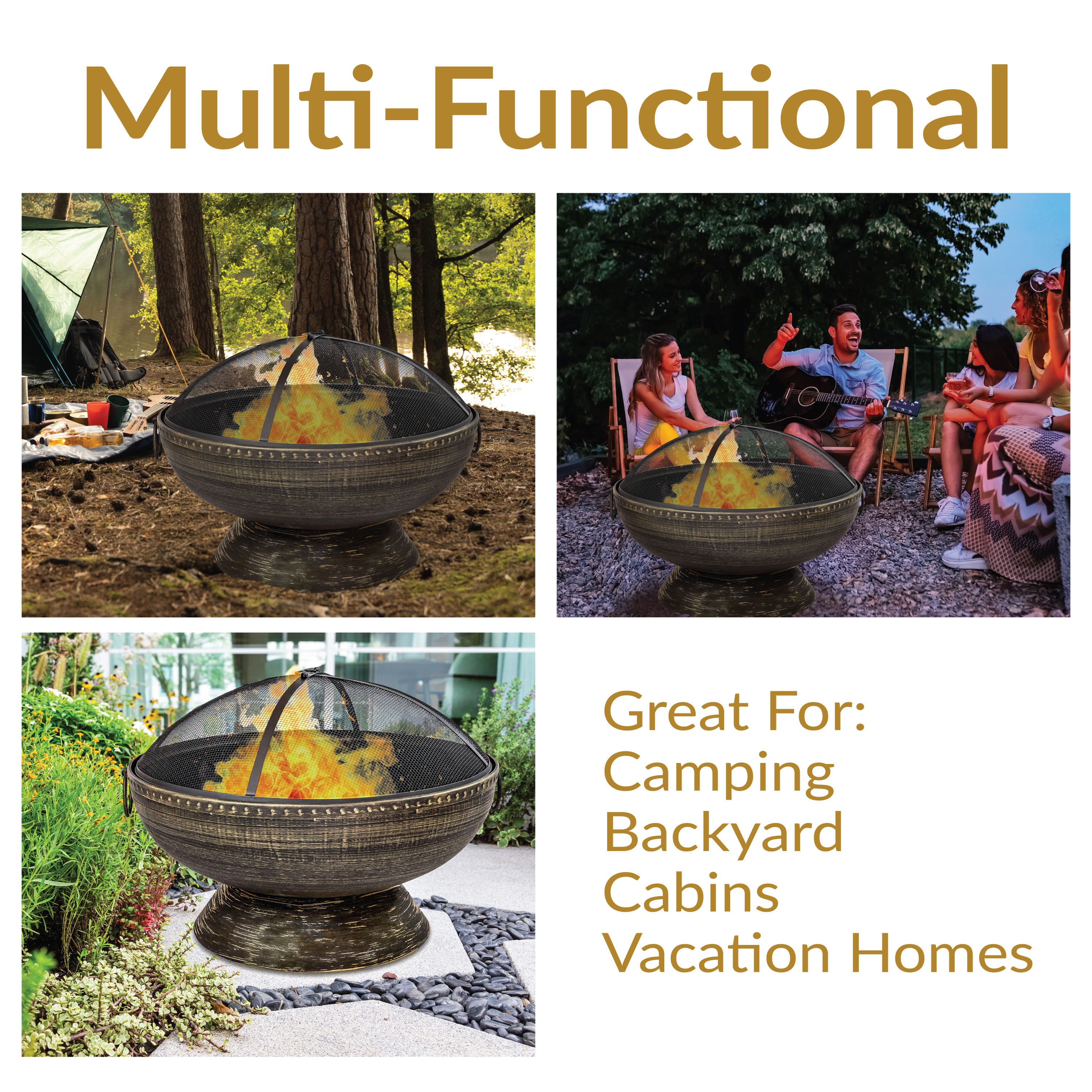 30" Black and Bronze Steel Wood-Burning Fire Pit with Screen and Poker