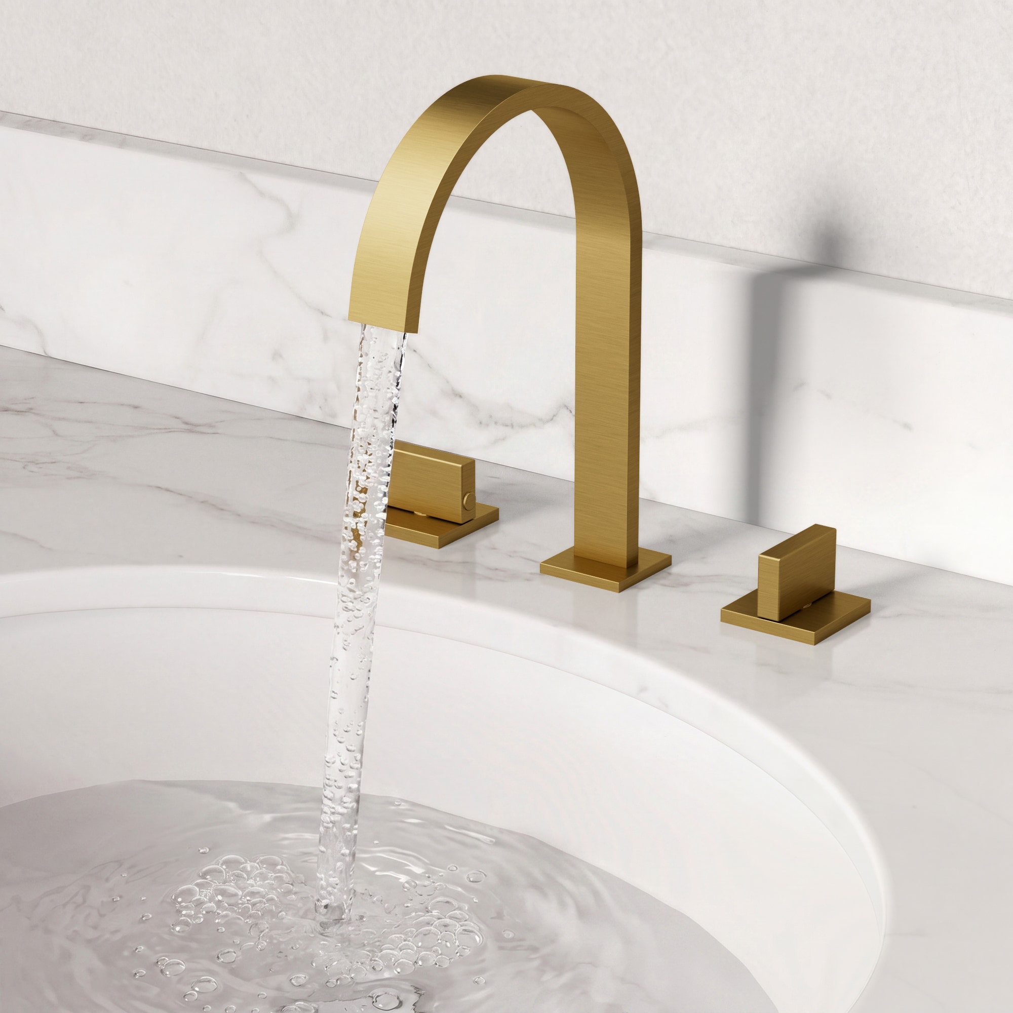 YAWWALK -  Brushed Gold Waterfall Widespread 3-hole Knob 2-Handle Mid-Arc Bathroom Sink Faucet As...