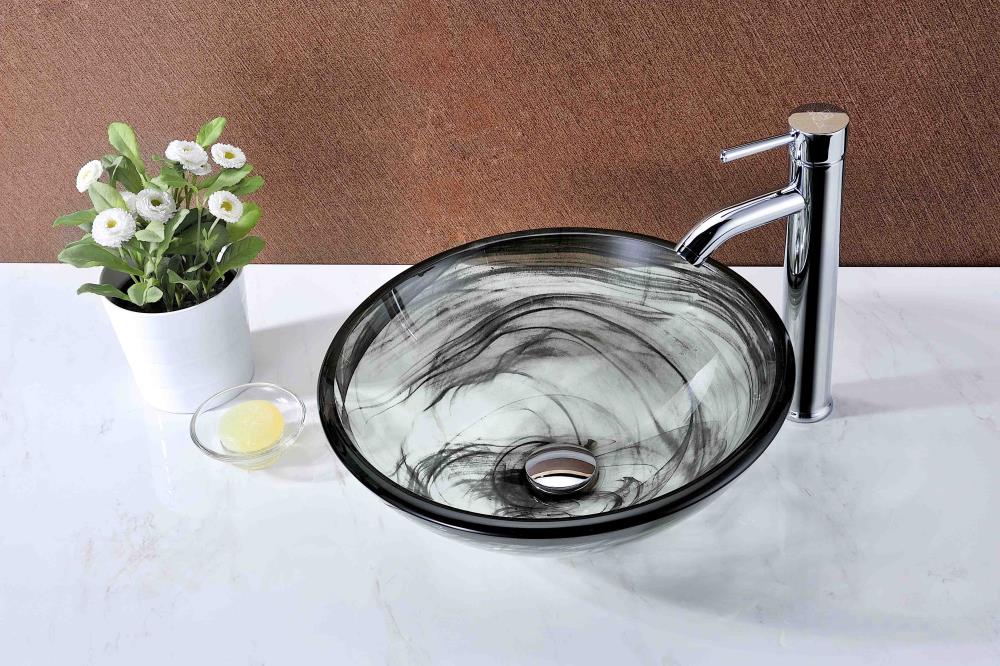 Verabue 16.5'' Clear and Gray Glass Round Vessel Sink