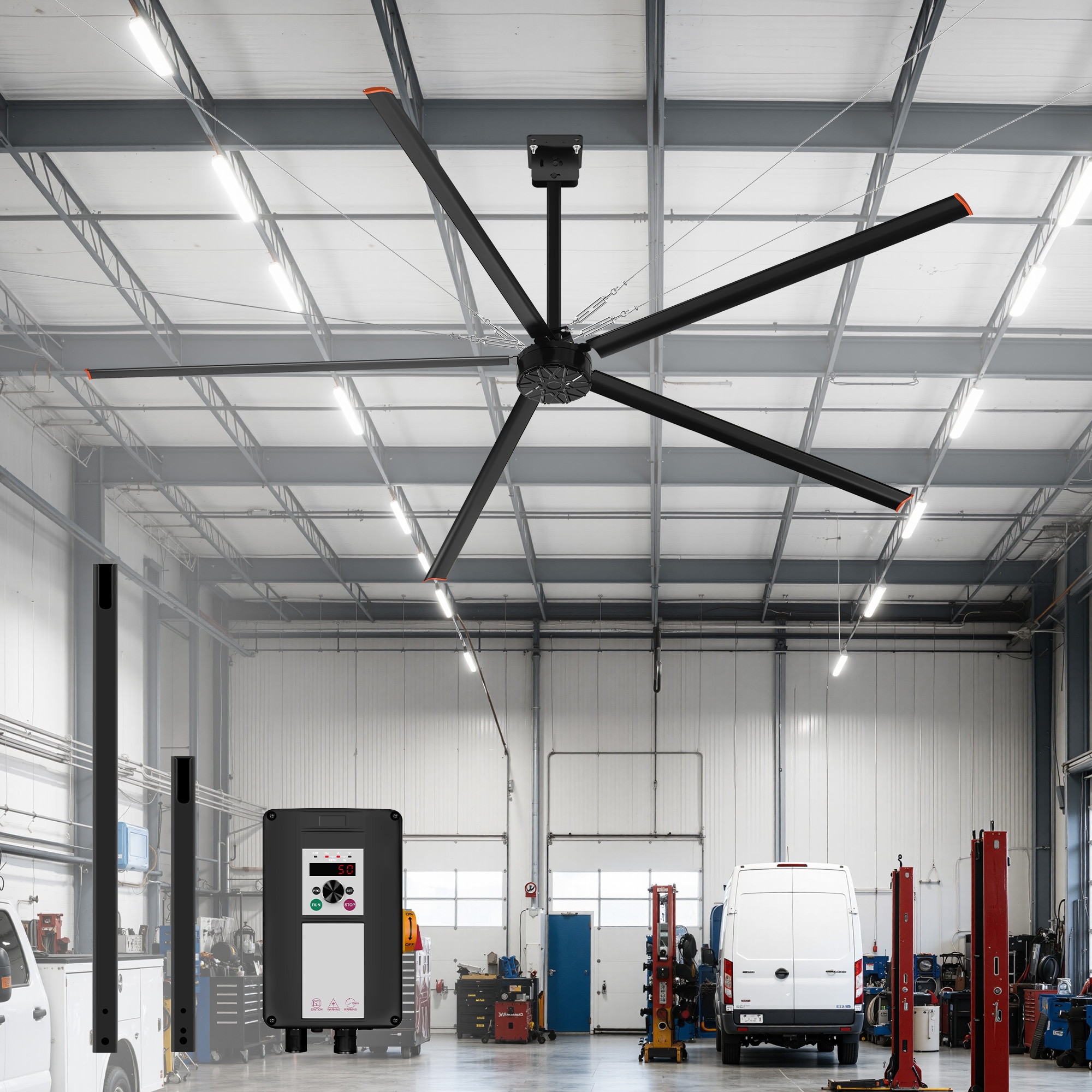 Breezary HVLS Fan PMSM Commercial 144-in Black with Black Aluminum Alloy Blades Ceiling Fan Without Light and Wall Control Included 5 -Blade