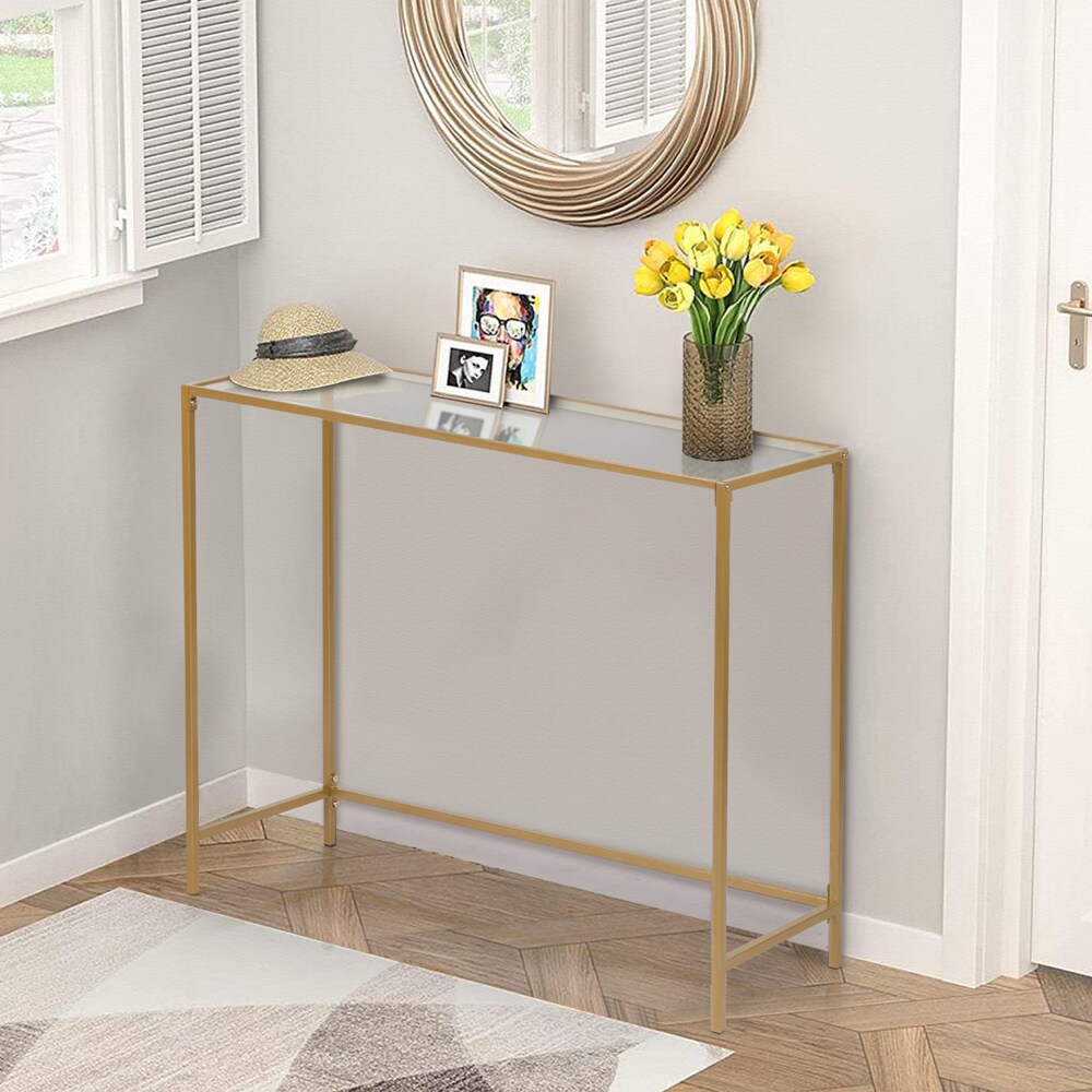 Winado Contemporary Golden Metal Frame Console Table with Clear Glass Top  and Storage Rack in the Console Tables department at