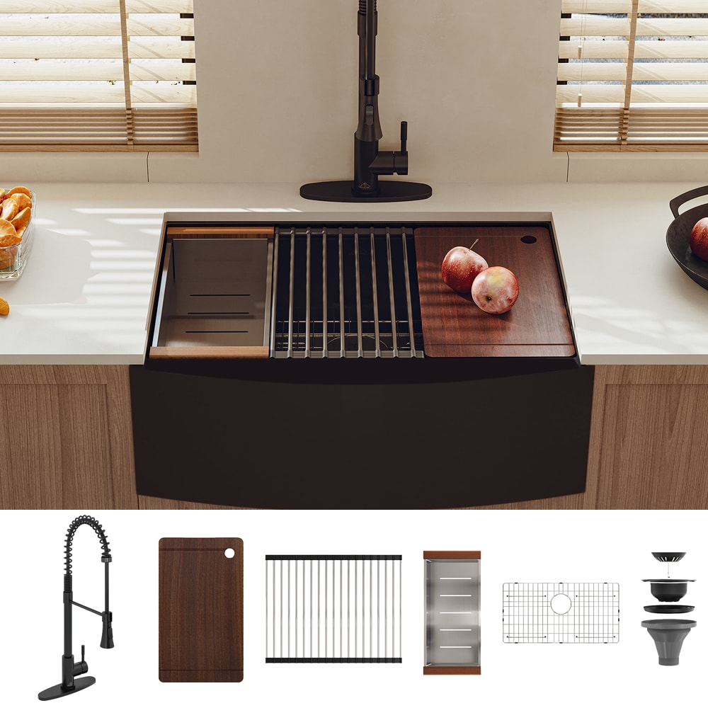 CASAINC KCSL0007-FS36MB Farmhouse apron front 33-in x 22-in Stainless steel Single bowl 16 -Gauge Workstation Kitchen Sink All-in-One Kit with Drainboard