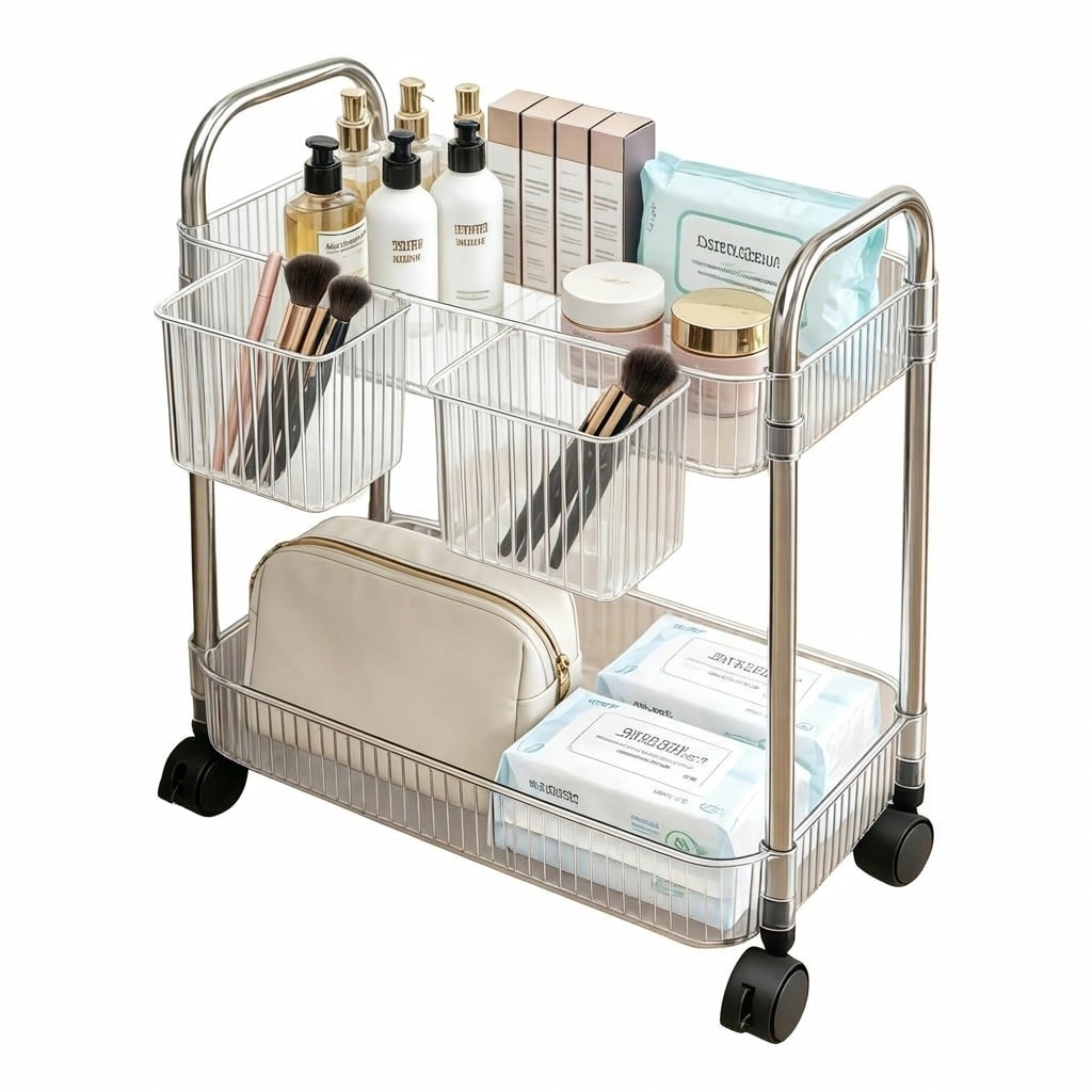 Afoxsos 2 Tier Rolling Utility Cart Clear Acrylic Plastic 14.17 W x 9.84 D x 16.54 H with 2 Hanging Cups Mobile Storage Organizer for Kitchen Bathroom Office Under Desk #LAF0424N35