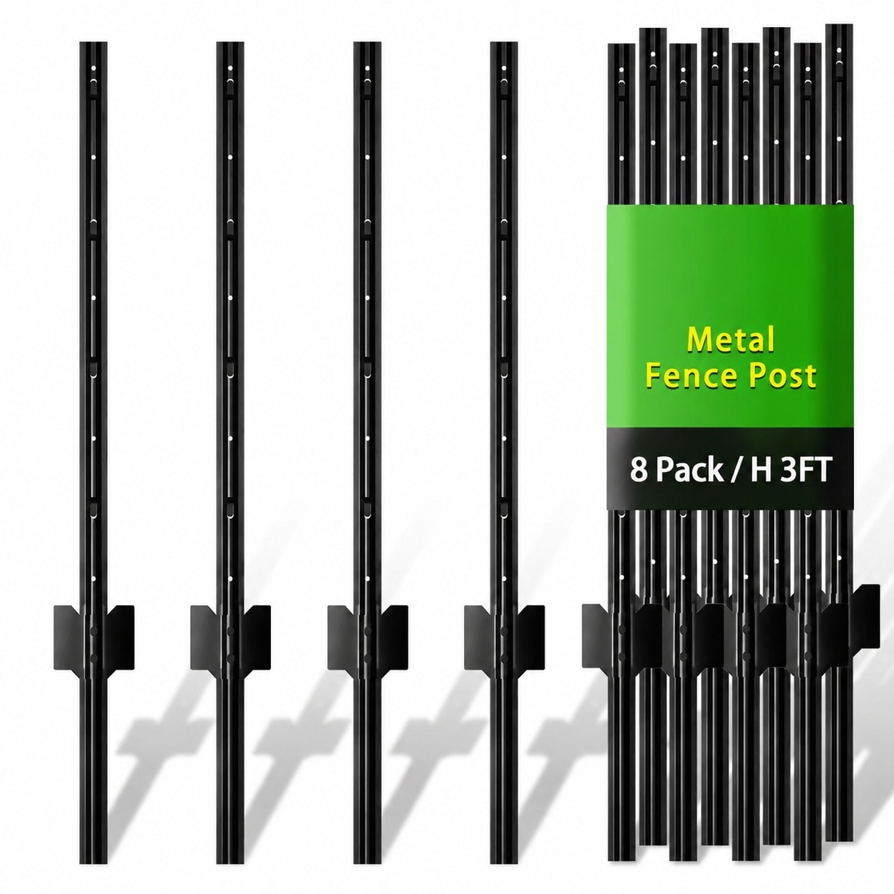 Vrbgify -  Metal Fence Post 3 Feet Black Pack of 8 T Posts for Wire Fence No Dig Steel U Posts Fe...