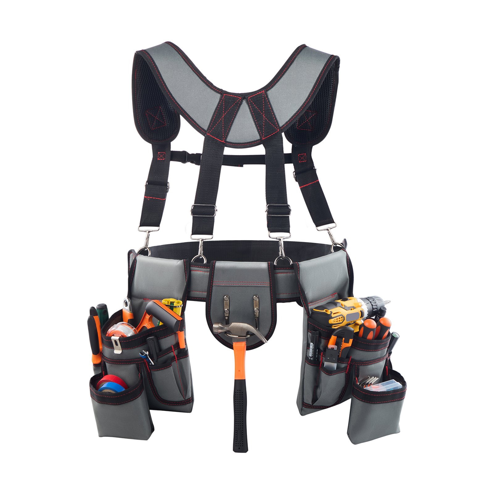 Mecale 22-Pocket 600D Polyester Tool Belt with Suspenders Adjustable 31.89 to 68.11 in Gray