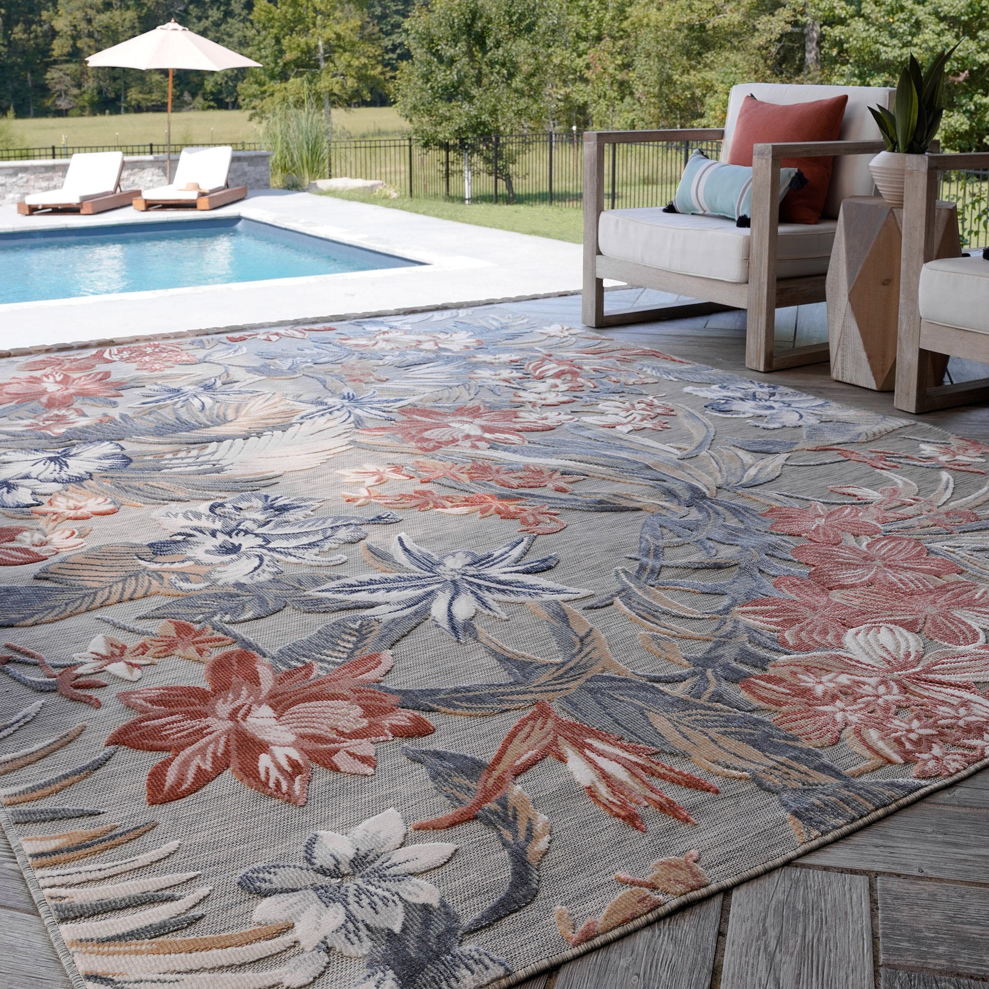 Tayse TRP1009 8X10 Tropic 8 x 10 (ft) Flatweave Polypropylene Gray Rectangular Indoor/Outdoor Floral/Botanical Coastal Area rug