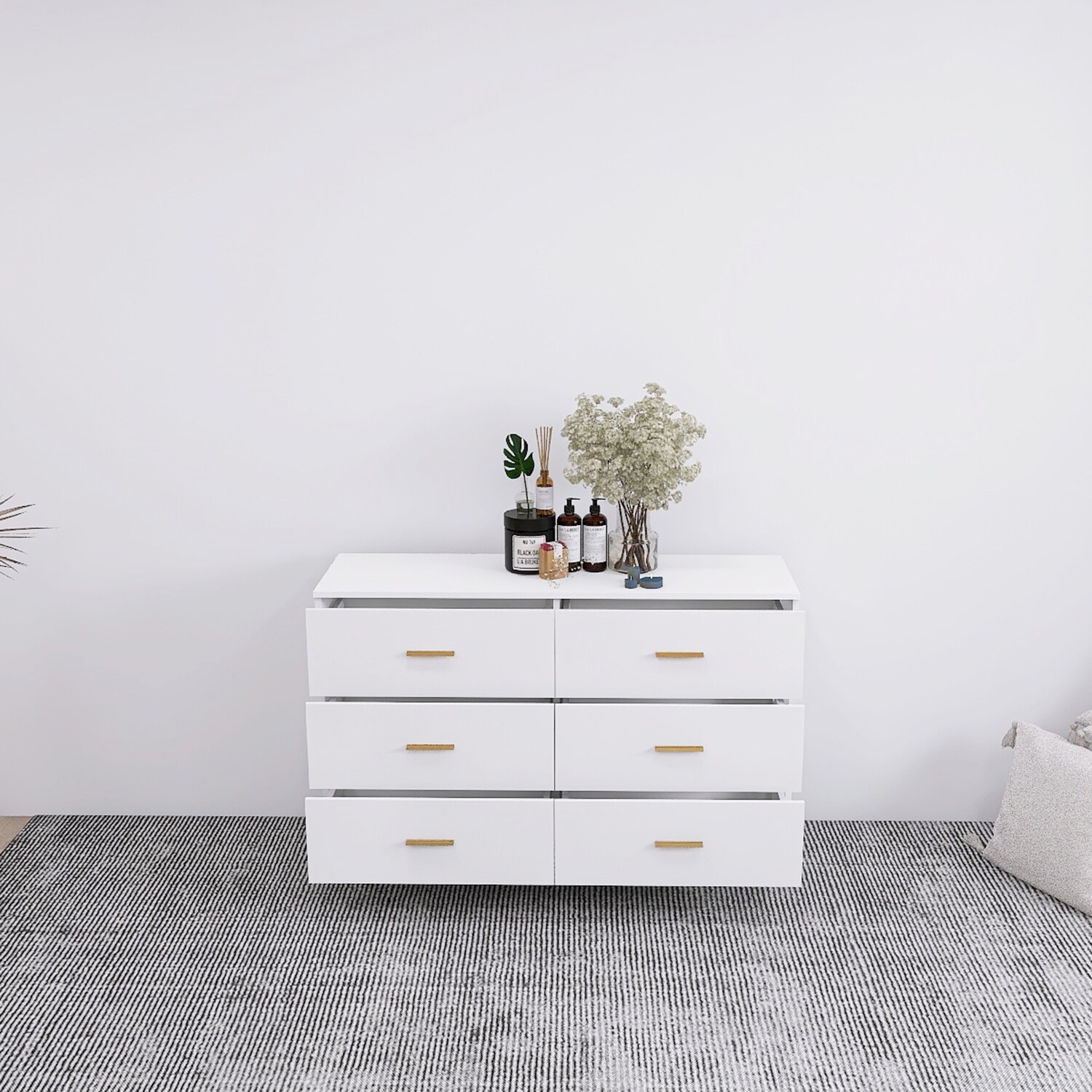 SINOFURN Contemporary Black Wood 6-Drawer Dresser with Golden Handles and Legs