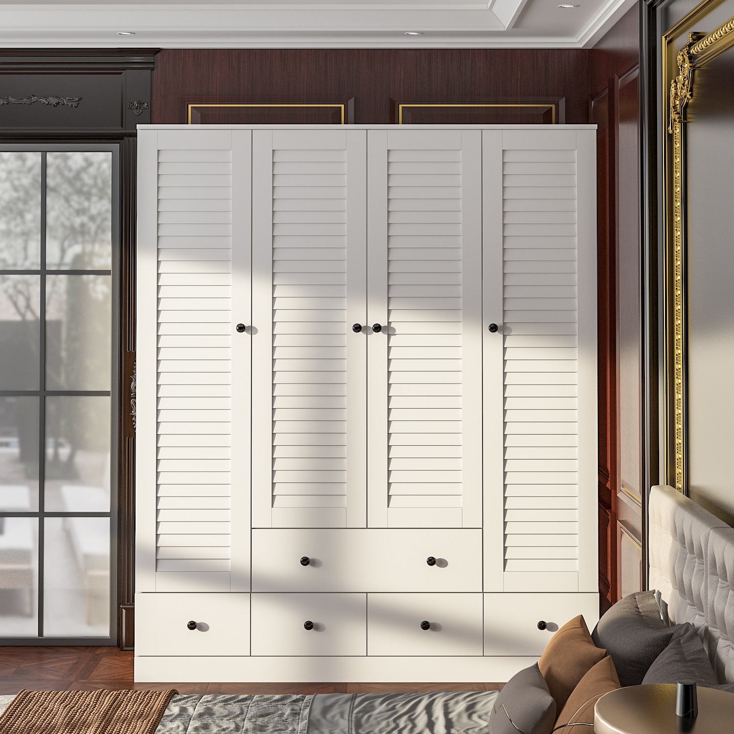 FUFU&GAGA Large Wardrobe Closet, 4-Door Armoire Storage Cabinet with  Hanging Rods and Shelves for Bedroom, White 