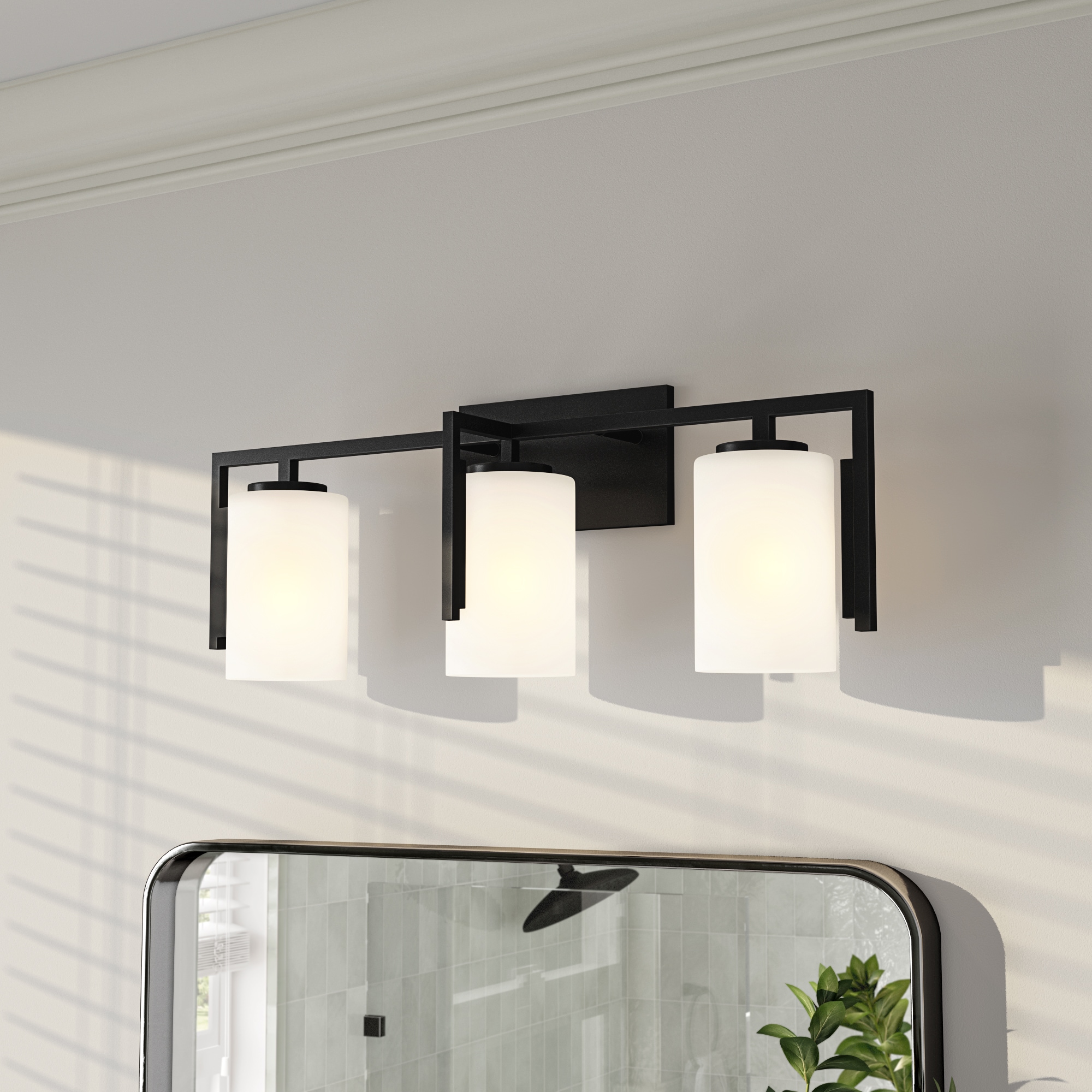 Cambria Modern 24" Matte Black 3-Light Vanity with Etched Opal Shades