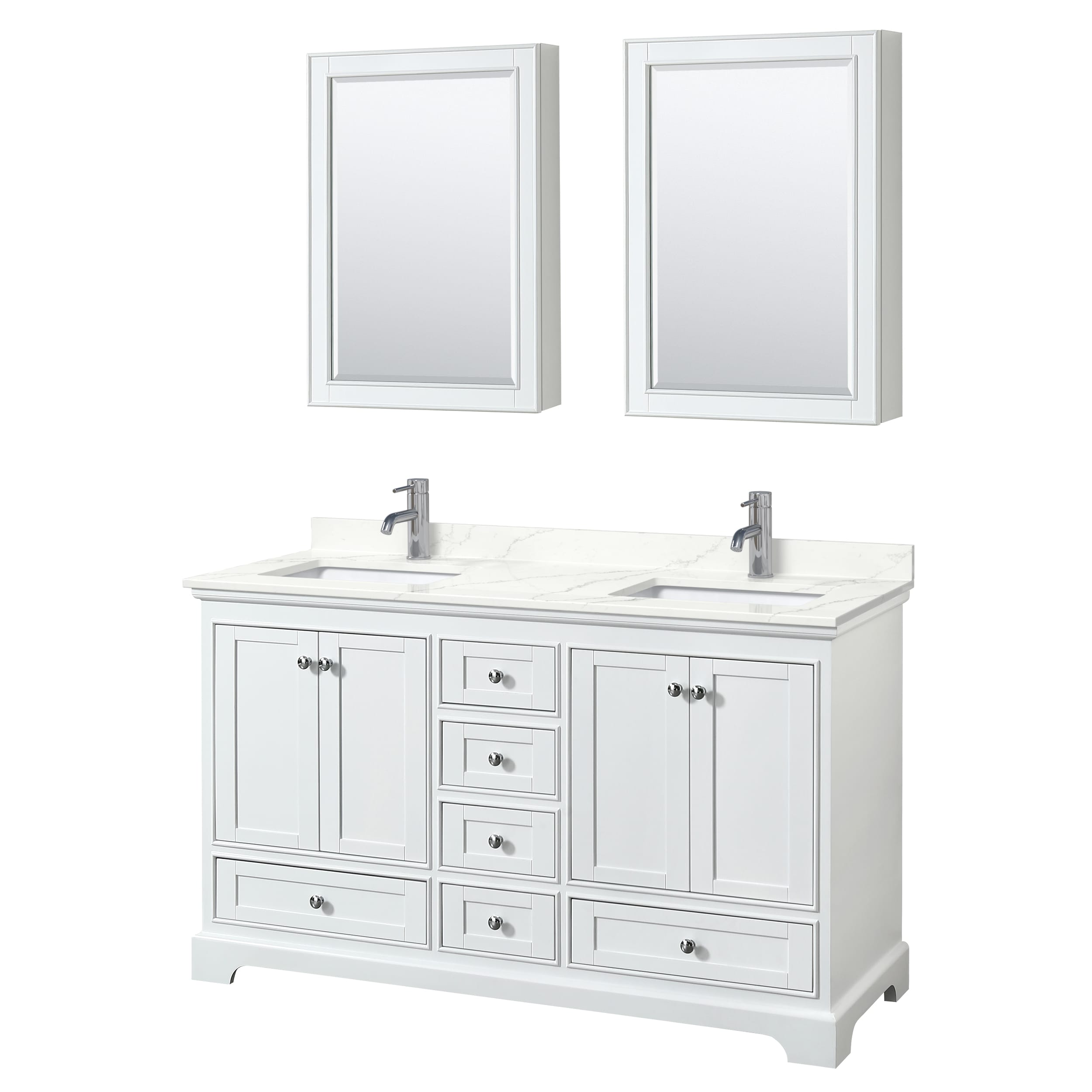 Wyndham Collection WCS202060DWHGTUNSMED Deborah 60-in White Undermount Double Sink Bathroom Vanity with Giotto Quartz Top (Mirror Included)
