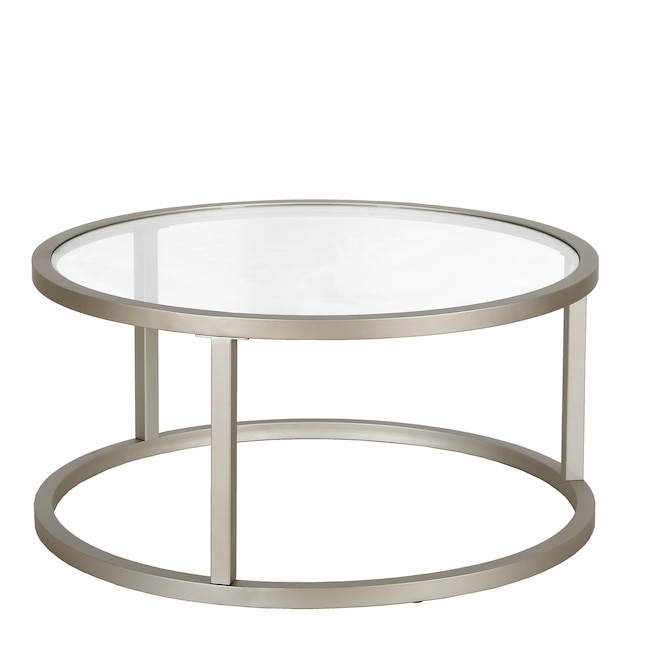 Hailey Home Parker Satin Nickel Metal, Round Glass Iron Coffee Table