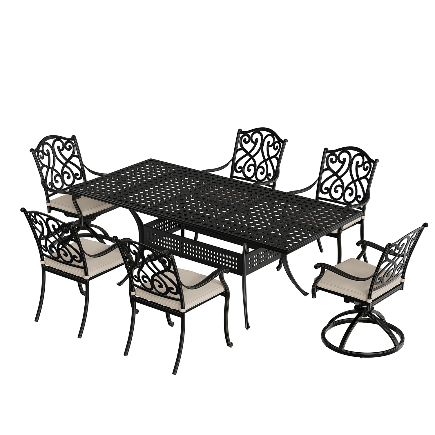 Mondawe MO-LDS80DZY-BE Aluminum 7 -Piece Black Patio Dining Set Extendable Table Aluminum Rectangle Table with 6 Off-white Cushions Stationary Chairs