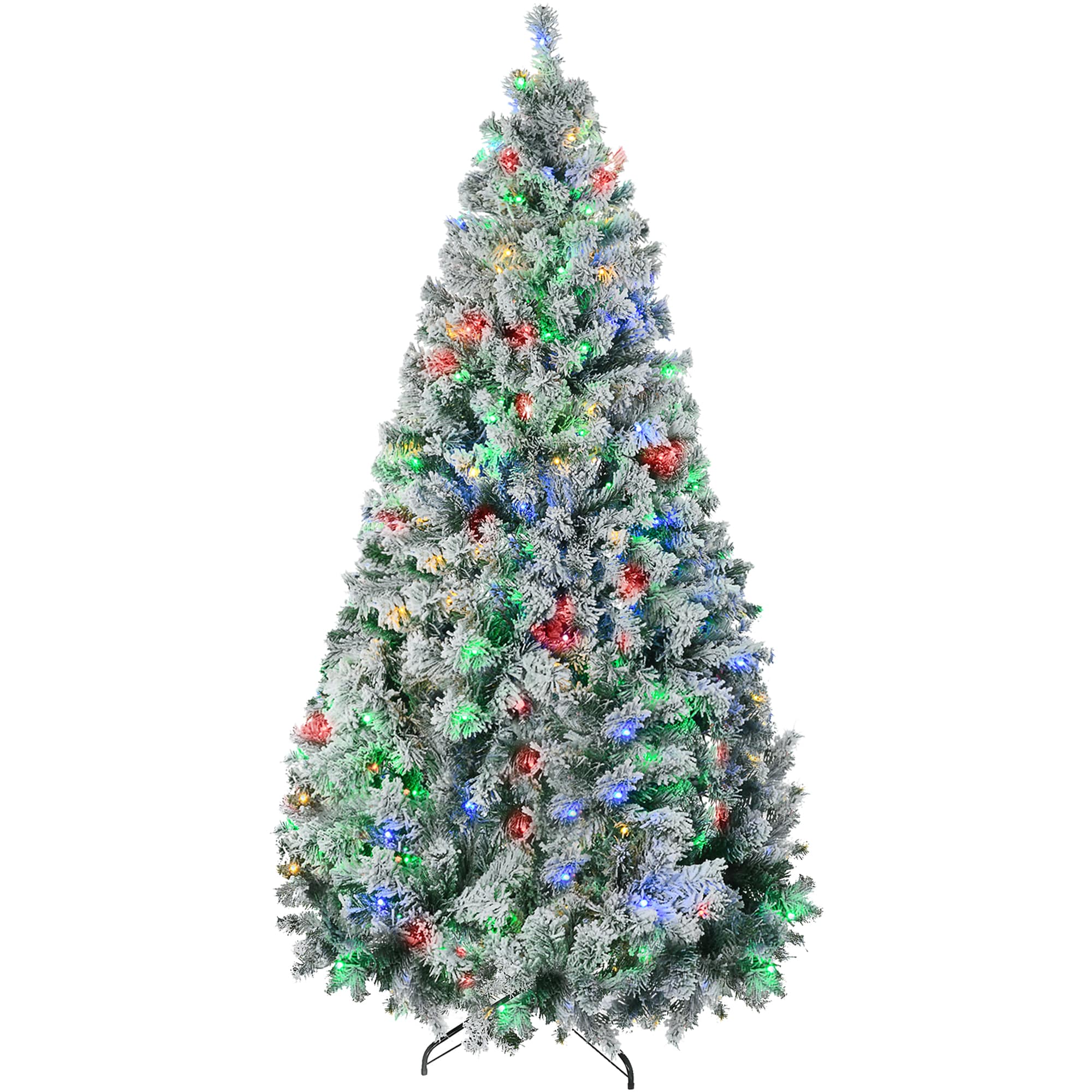 HomCom  9ft Tall Prelit Artificial Christmas Tree Holiday Decor with 1939 Snow Flocked Branches 900 Warm White or Colorful LED Lights Steel Base