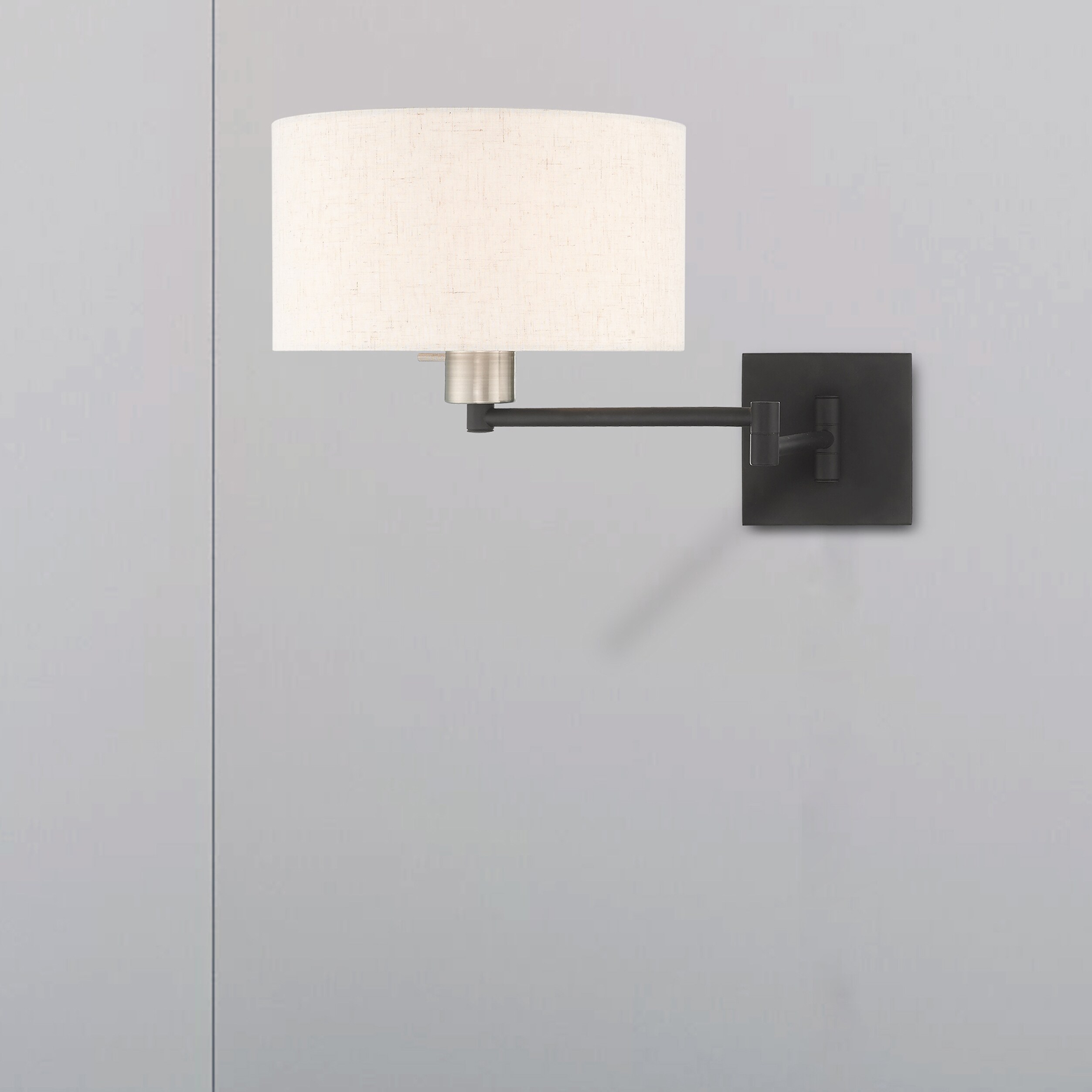 Black Steel Swing Arm Wall Lamp with Oatmeal Fabric Shade
