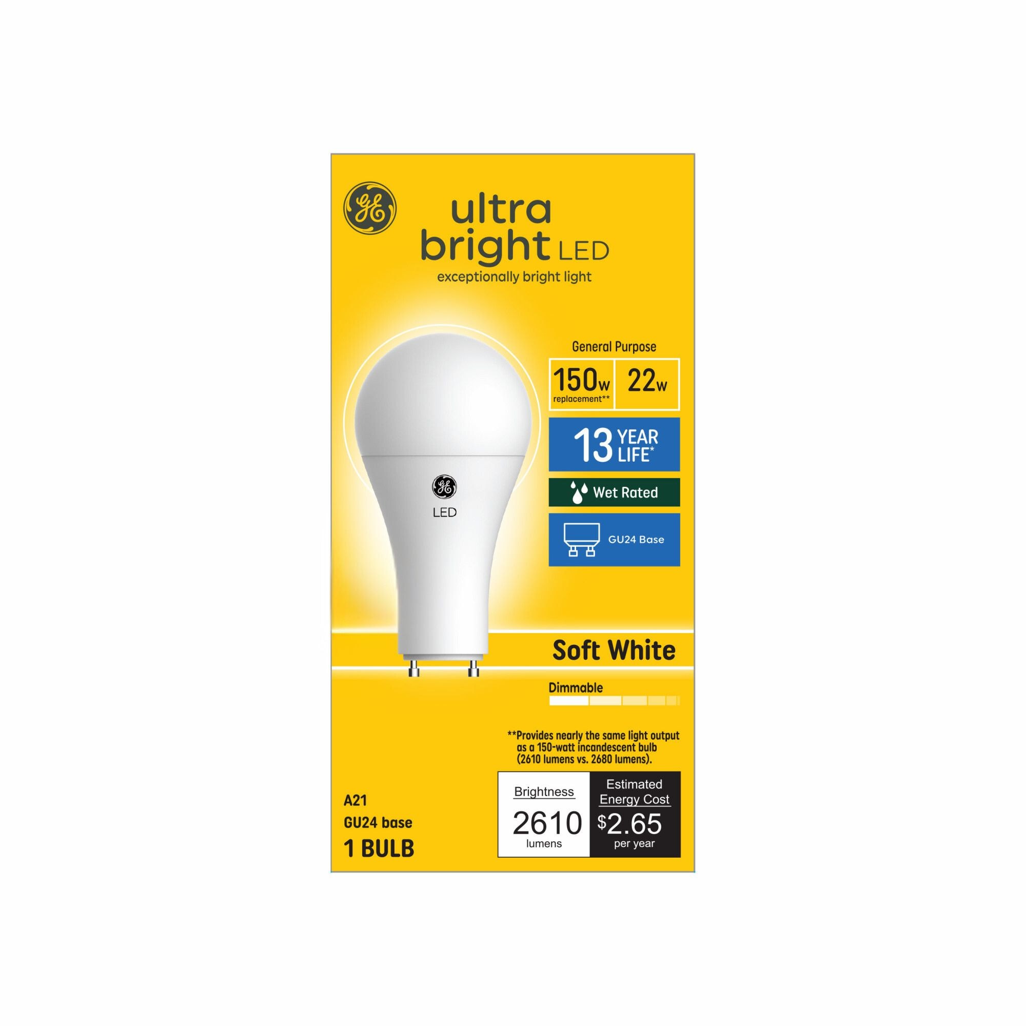 GE 93129364 Ultra Bright LED 150 -Watt EQ A21 Soft white GU24 pin base Dimmable LED General purpose Light Bulb