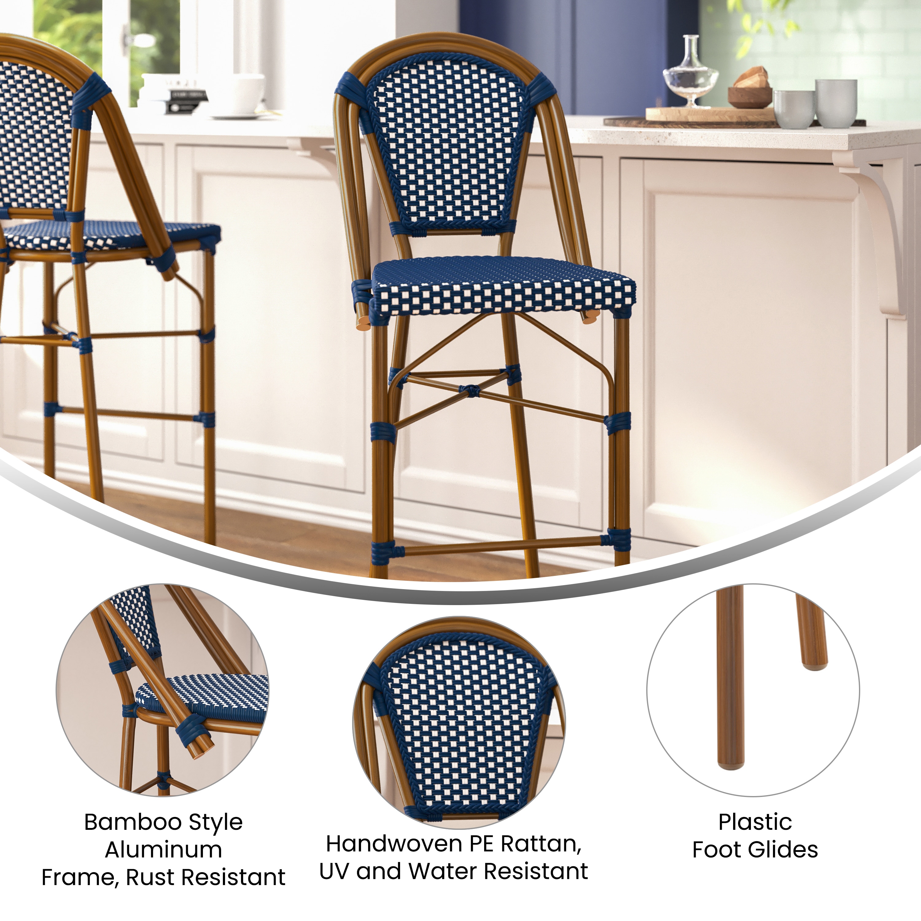 Navy and White Woven Metal Frame Bar Stools, Set of 2