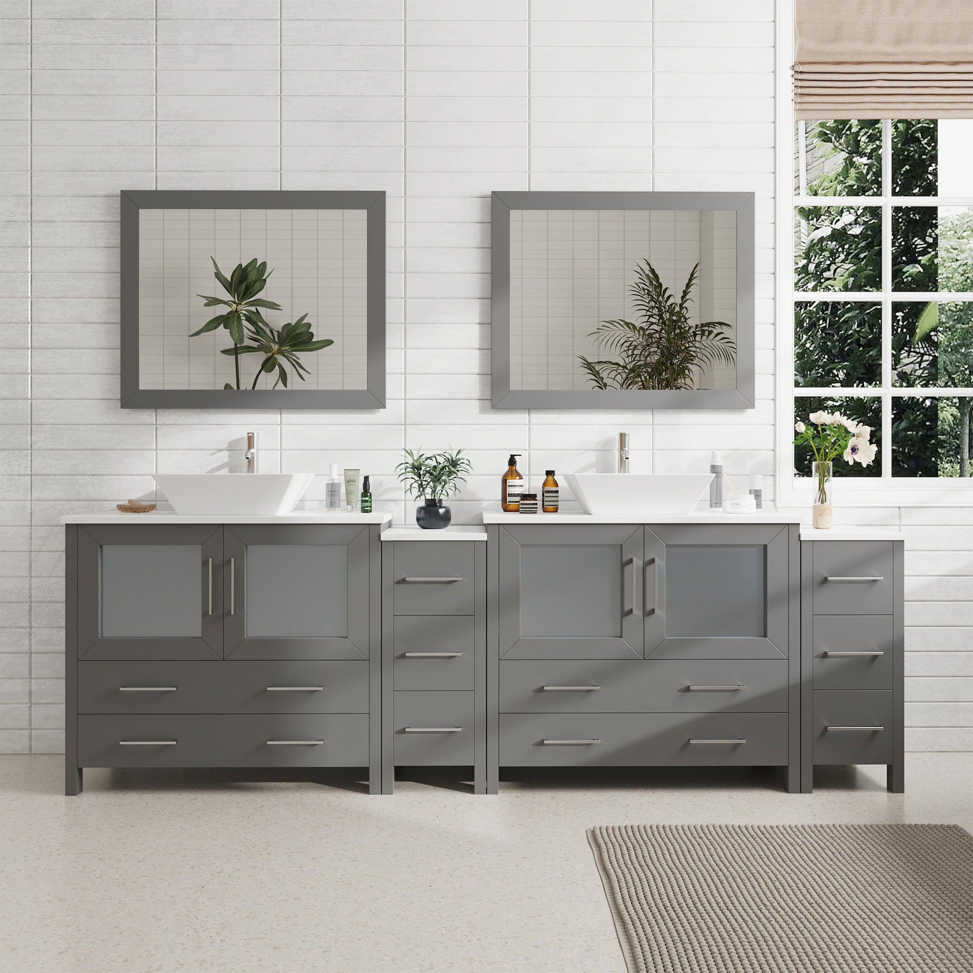 Vanity Art VA3136-96G Ravenna 95-in Grey Double sink Bathroom Vanity with White Engineered marble Top (Mirror Included)