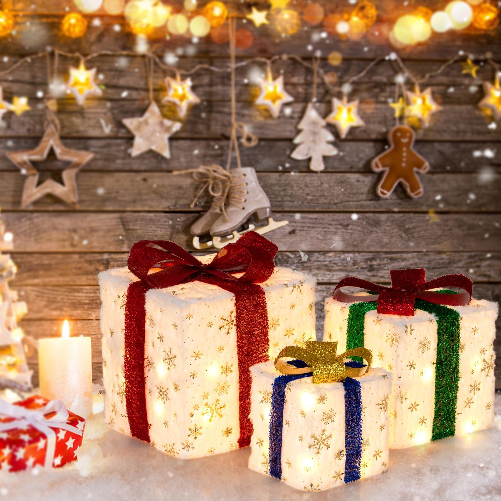 BABOOM Set of 3 Christmas Lighted Gift Boxes with 48 Bright Warm Lights and Bows