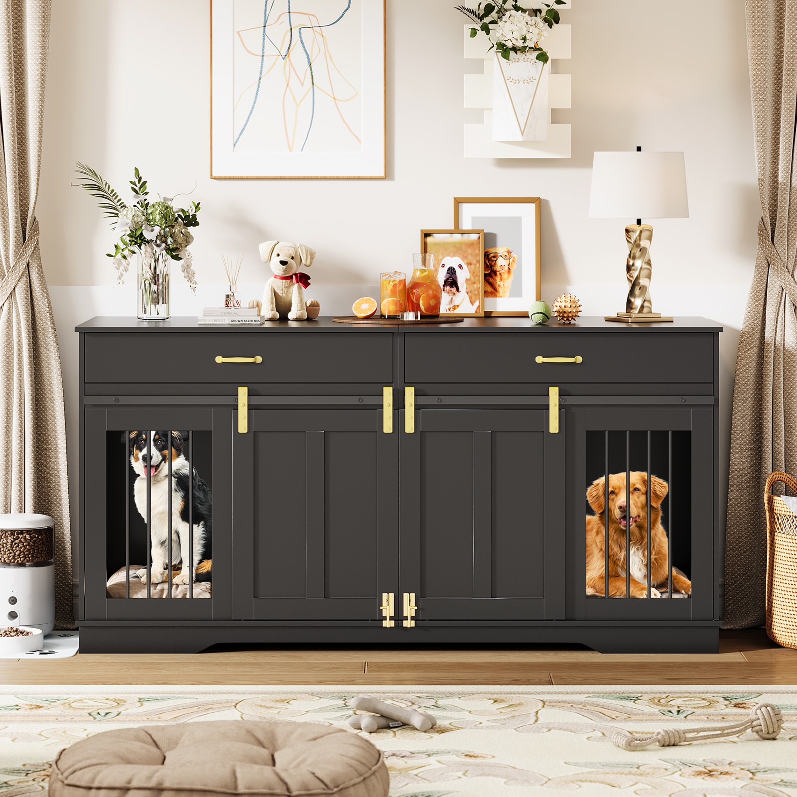 Garvee 71inch Extra Large Double Dog Crate with Removable Divider Heavy Duty Dog Kennel Furniture with 2 Drawers Sliding Door Wood Indoor Pet Cage Decorative End Table TV Stand for Large Medium Breeds