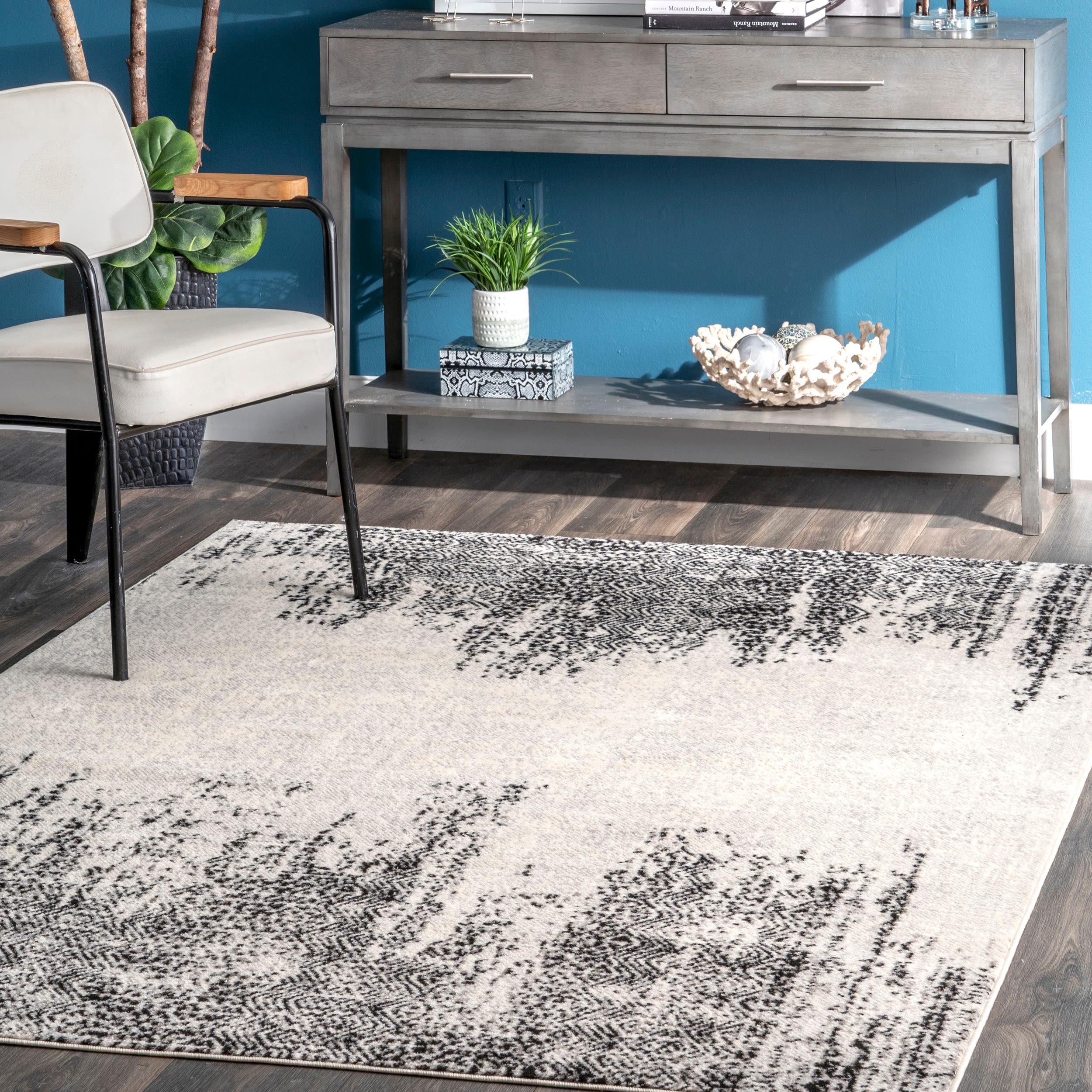 Gray and Black Abstract Synthetic Rectangular Area Rug