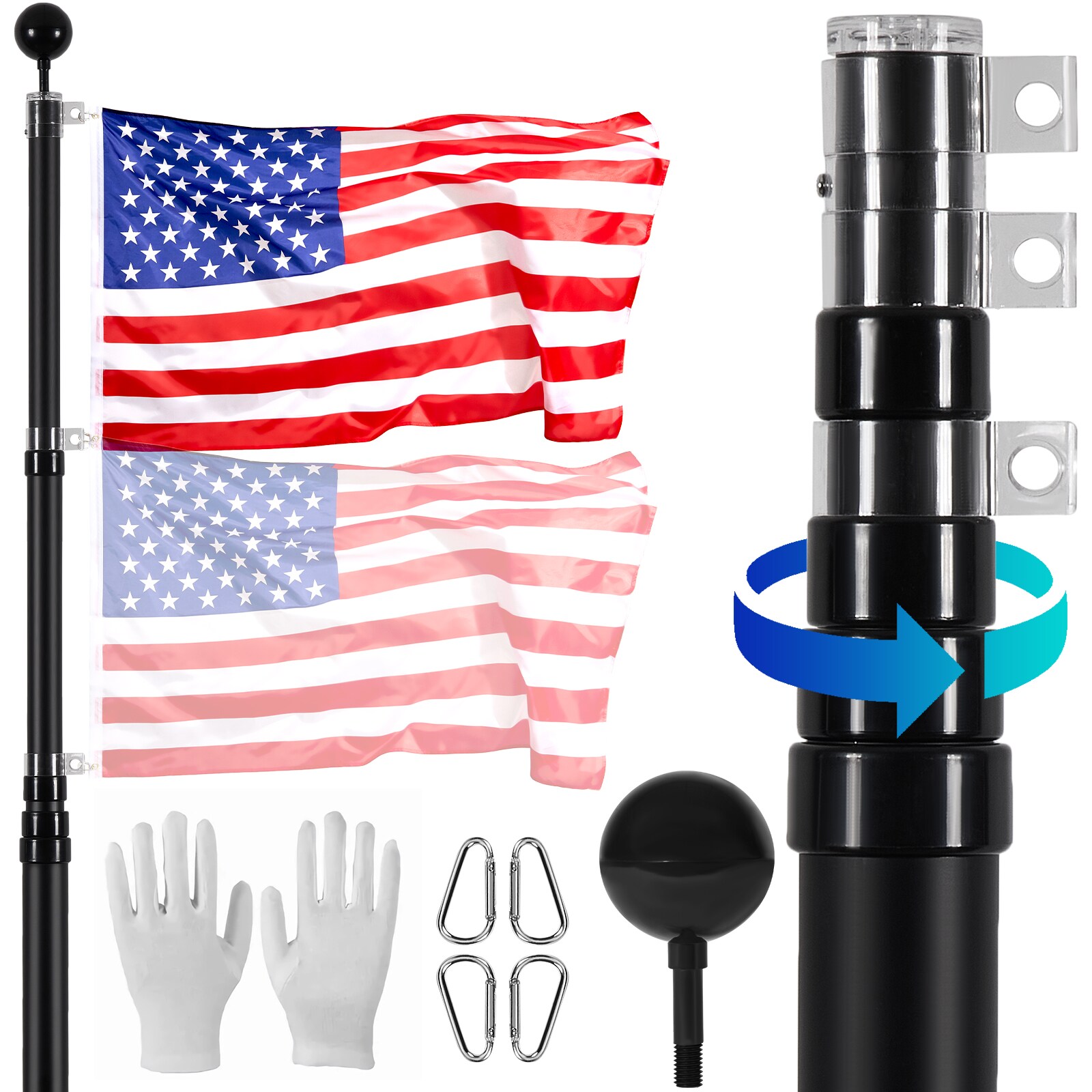 VEVOR SCQGTJSSSHS205110V0 25FT Telescoping Flag pole Kit  Heavy Duty Aluminum Alloy in Ground Flag Poles for Outside  3 Display Modes Flagpole with 3x5 American Flag  Professional Accessories  Black