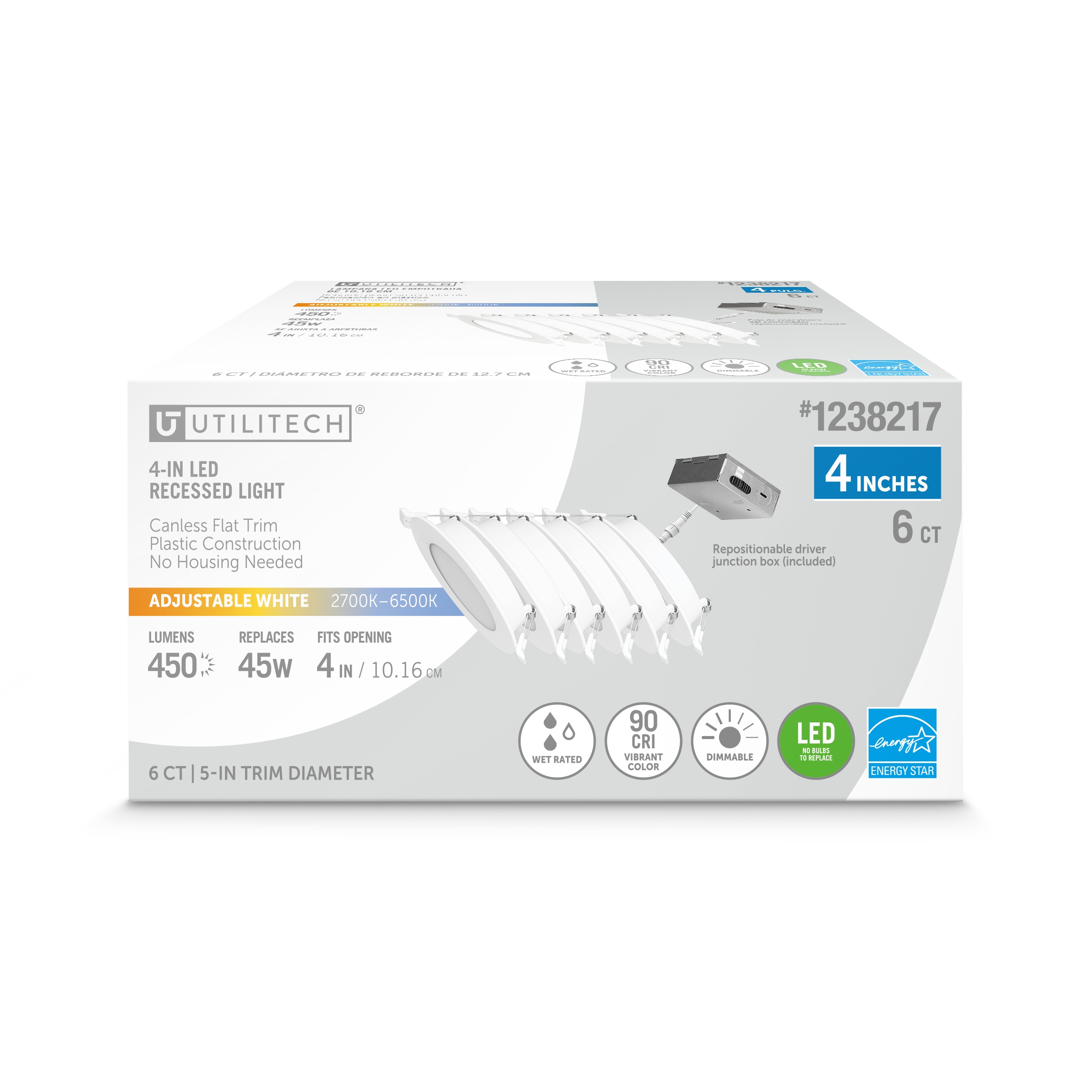 Utilitech LLEDR4XTP/5CCT/6 White 4-in 450 -Lumens Switchable white Round Dimmable LED Canless Wet rated Recessed Downlight 6 -Pack
