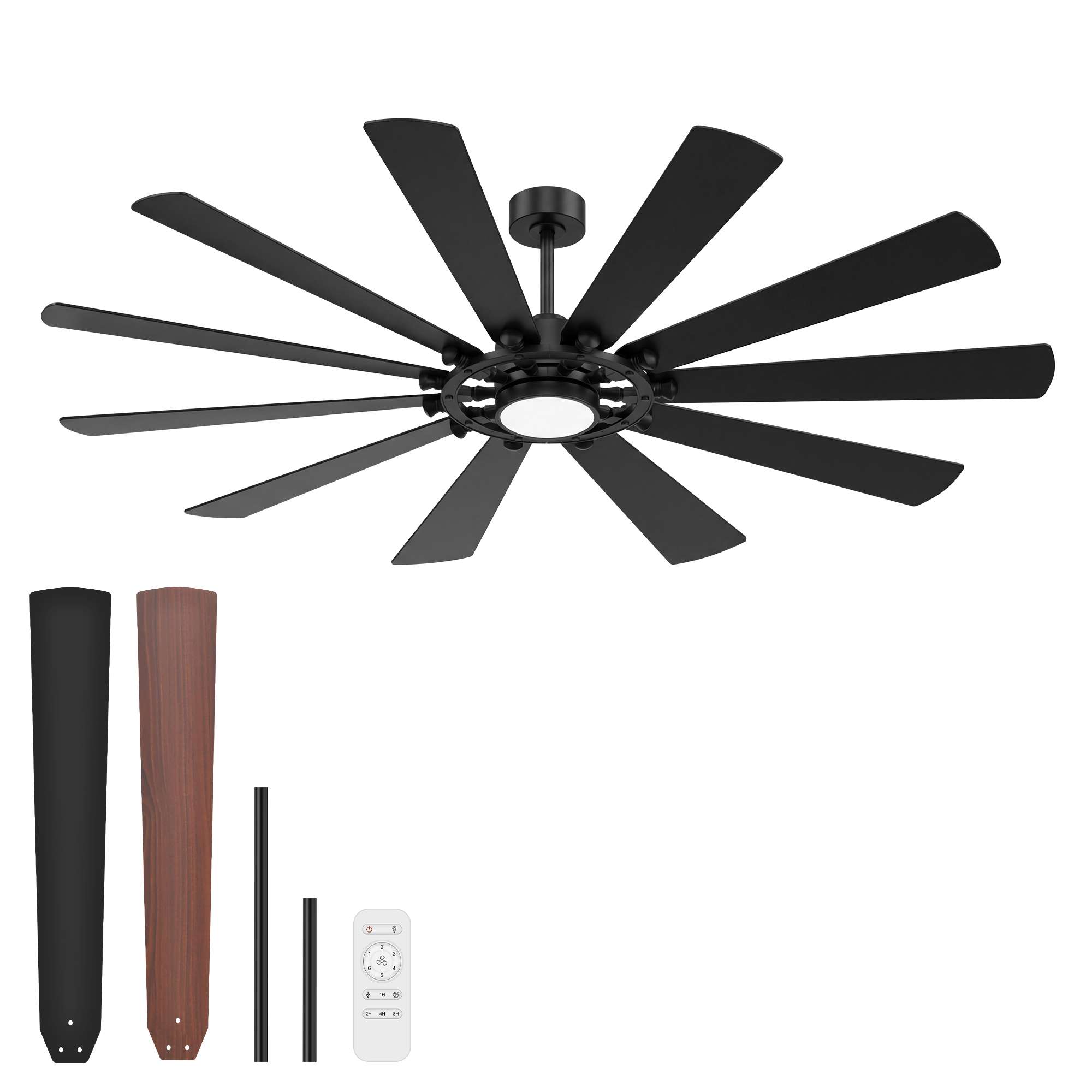 Flashwind 62 in Black LED Ceiling Fan with Remote Downrod Mount DC Motor 10 Walnut Plywood Blades 6 Speed 1H 2H 4H 8H Timer 16W Dimmable LED for Large Modern Rooms