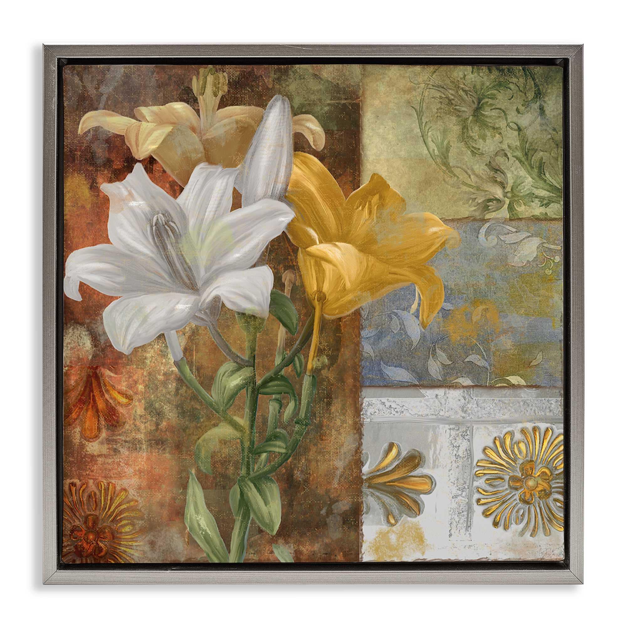 Stupell Industries BT-002-FFL-24X24 Blooming Lilies on Tile Pattern Gray Framed Floater Canvas Wall Art By Sasha 25 x 25