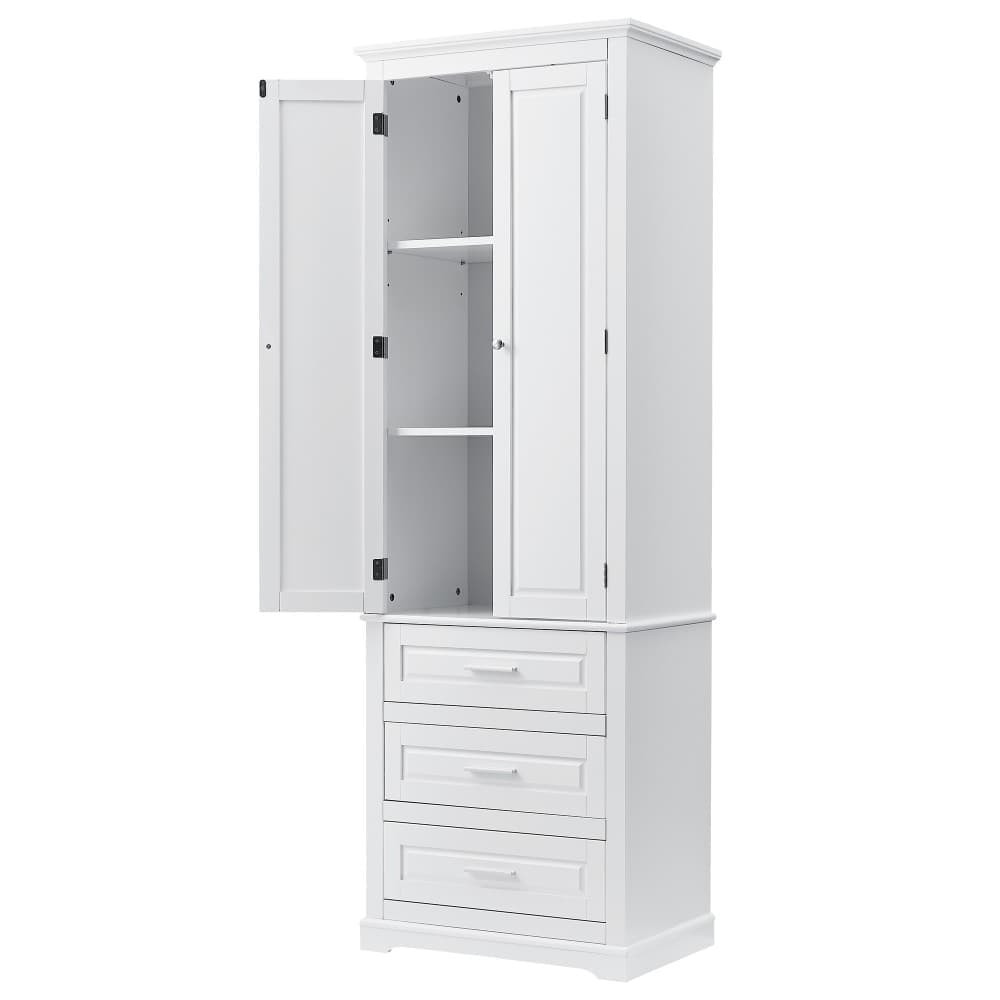 LuckByte 24.00 in. W x 15.70 in. D x 70.00 in. H White Rectangle MDF Tall Bathroom Storage Cabinet Linen Cabinet with 3 Drawers