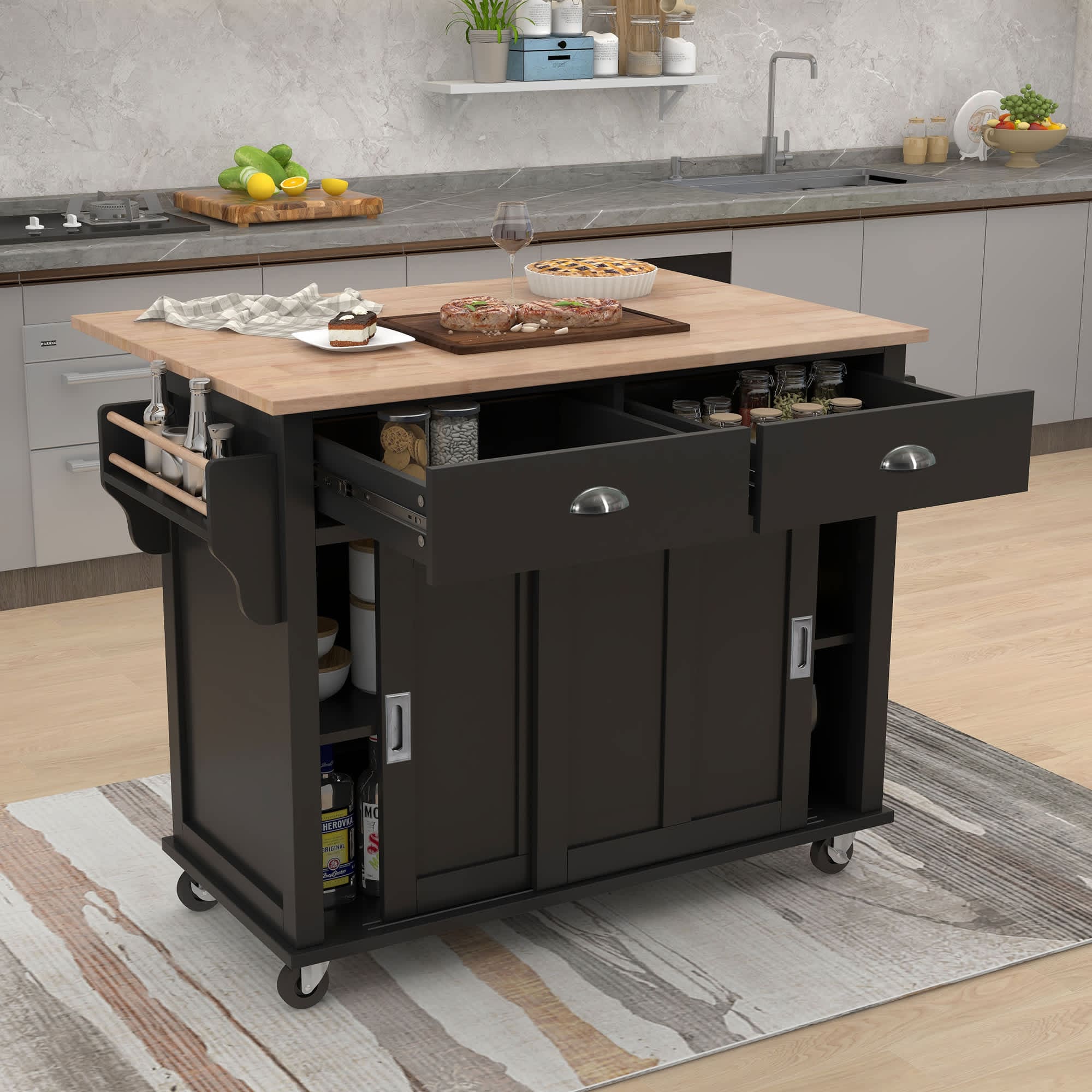 Misty Moon 52.2 Inch Black Kitchen Cart with Rubber wood Drop-Leaf Countertop Kitchen Island on 4 Wheels for Kitchen Dining Room