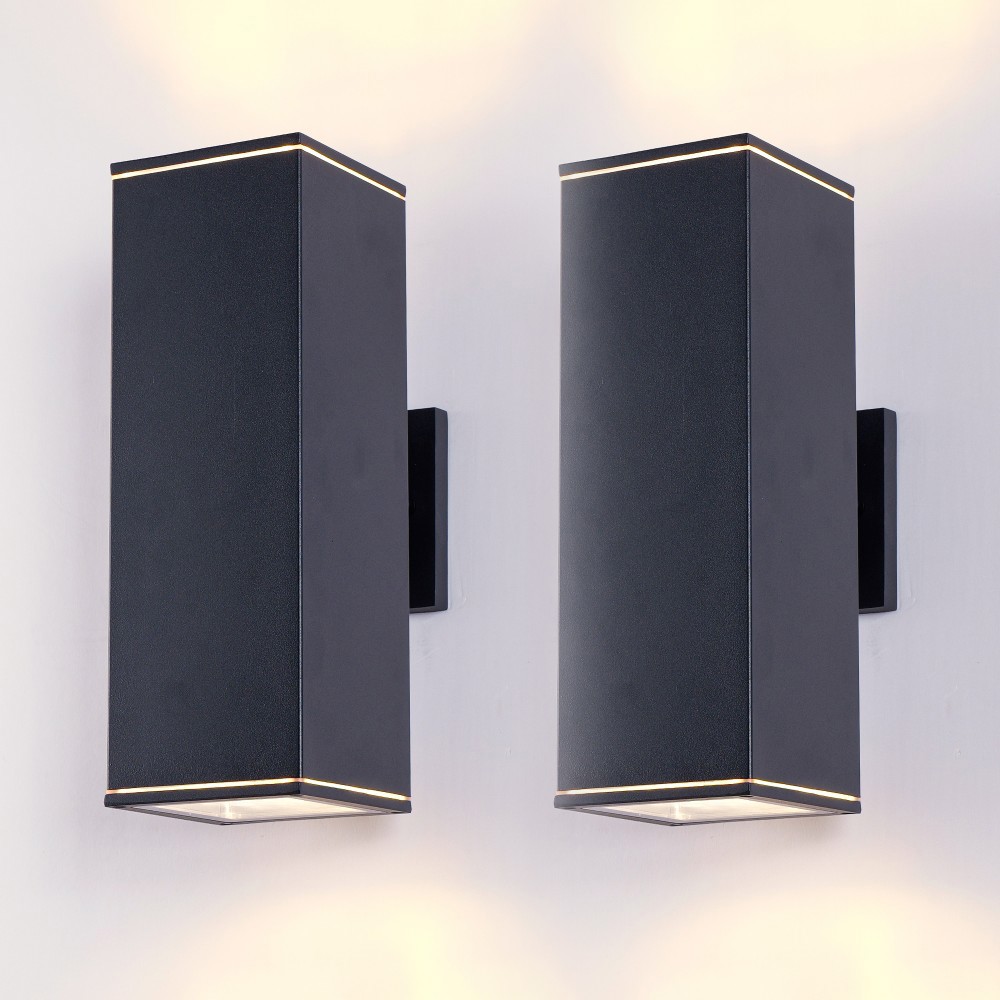 Basdien 14 in Matte Black 2 Light 2 Pack Outdoor Wall Lights Modern Rectangular Porch Light Aluminum Tube with Tempered Glass Cover Waterproof IP65 Weather Resistant for Garage Entryway Deck E26 Socket Compatible with LED Bulbs Not Included
