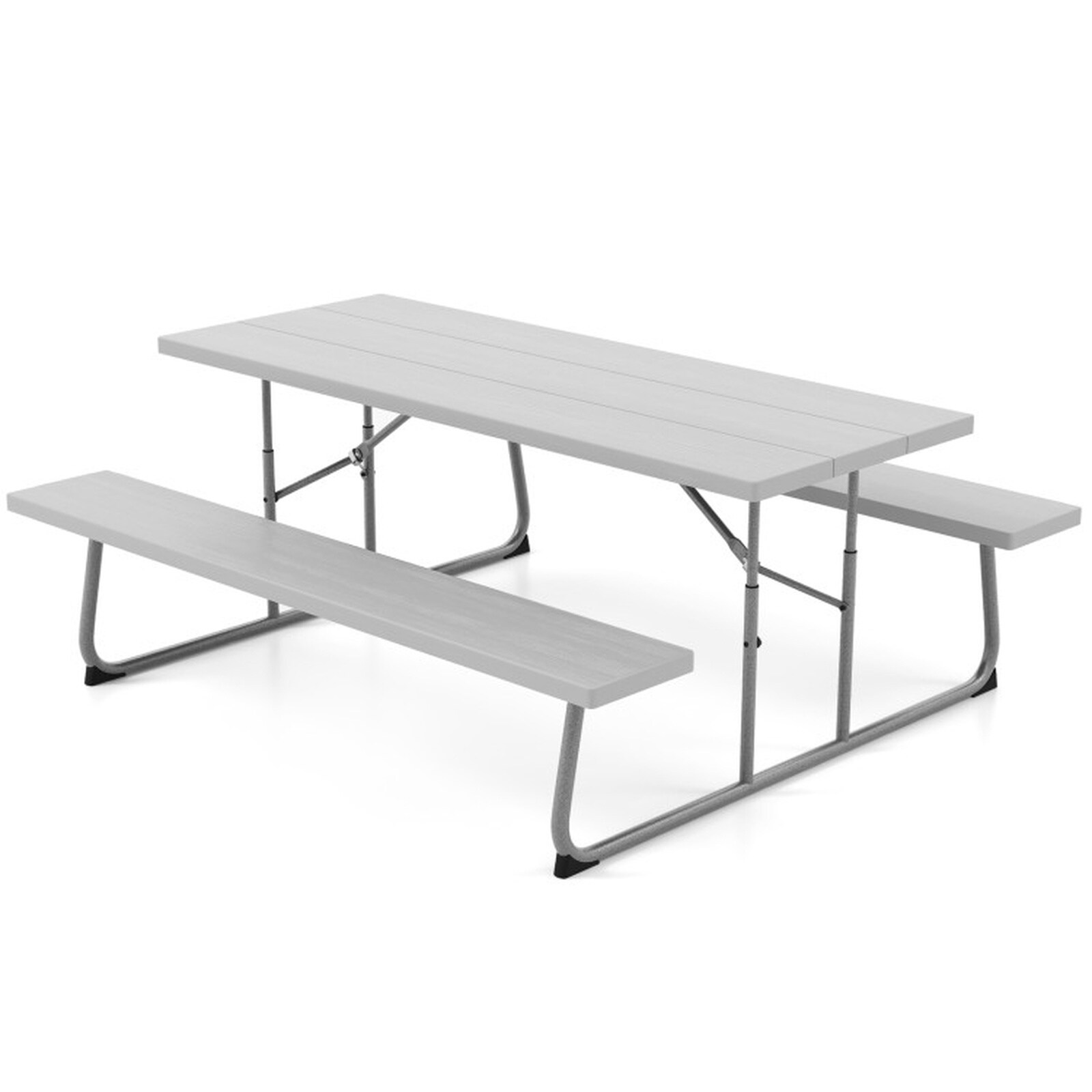 SUGIFT Folding Picnic Table Set 72 x 64 x 29-in with 2 Benches Seats 8 All Weather HDPE Tabletop Umbrella Hole 330-lb Table 550-lb Bench Capacity Powder Coated Metal Frame Foldable for Camping Patio Poolside Gray