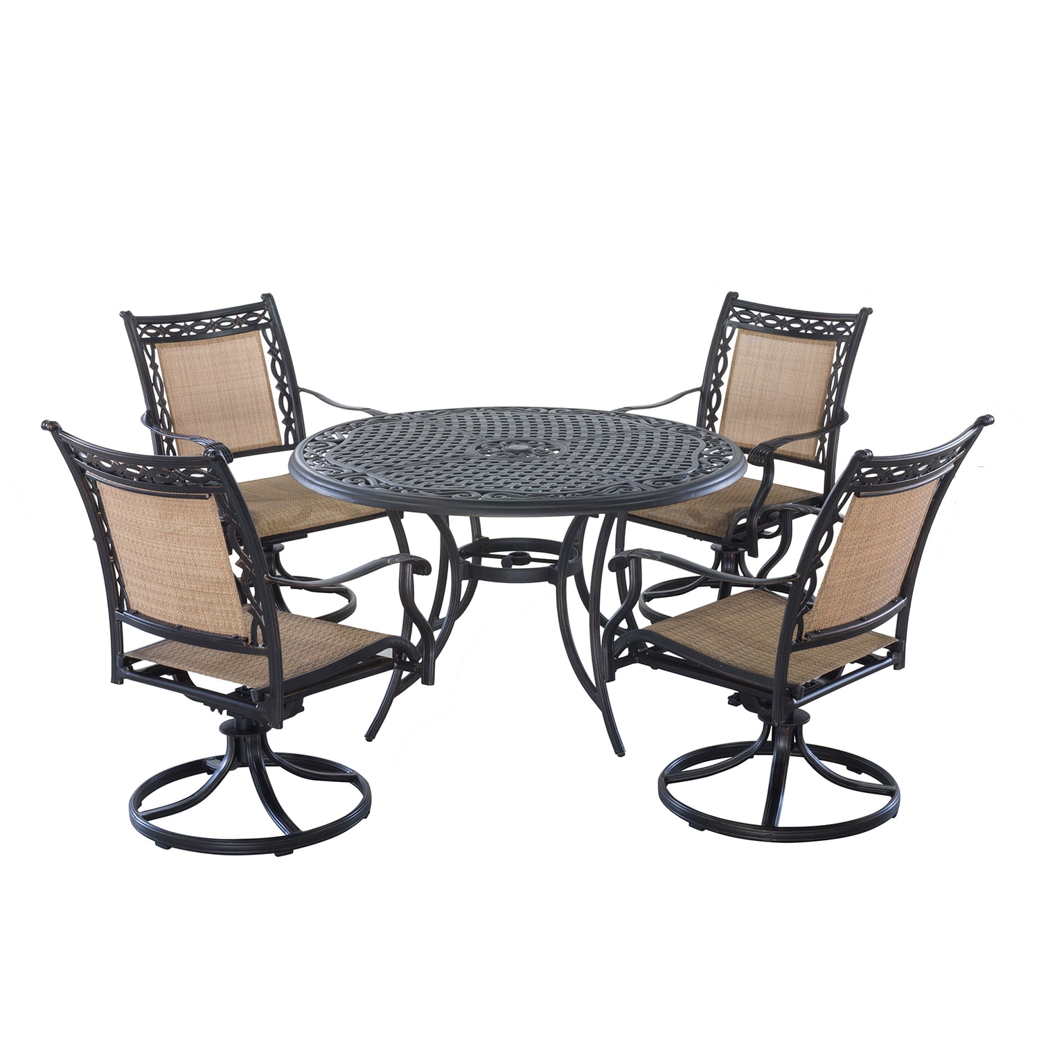 Mondawe 21OD14107BK-5 Aluminum 5 -Piece Antique Bronze Patio Dining Set Aluminum Round Table with 4 Tan Swivel Rocker Chairs